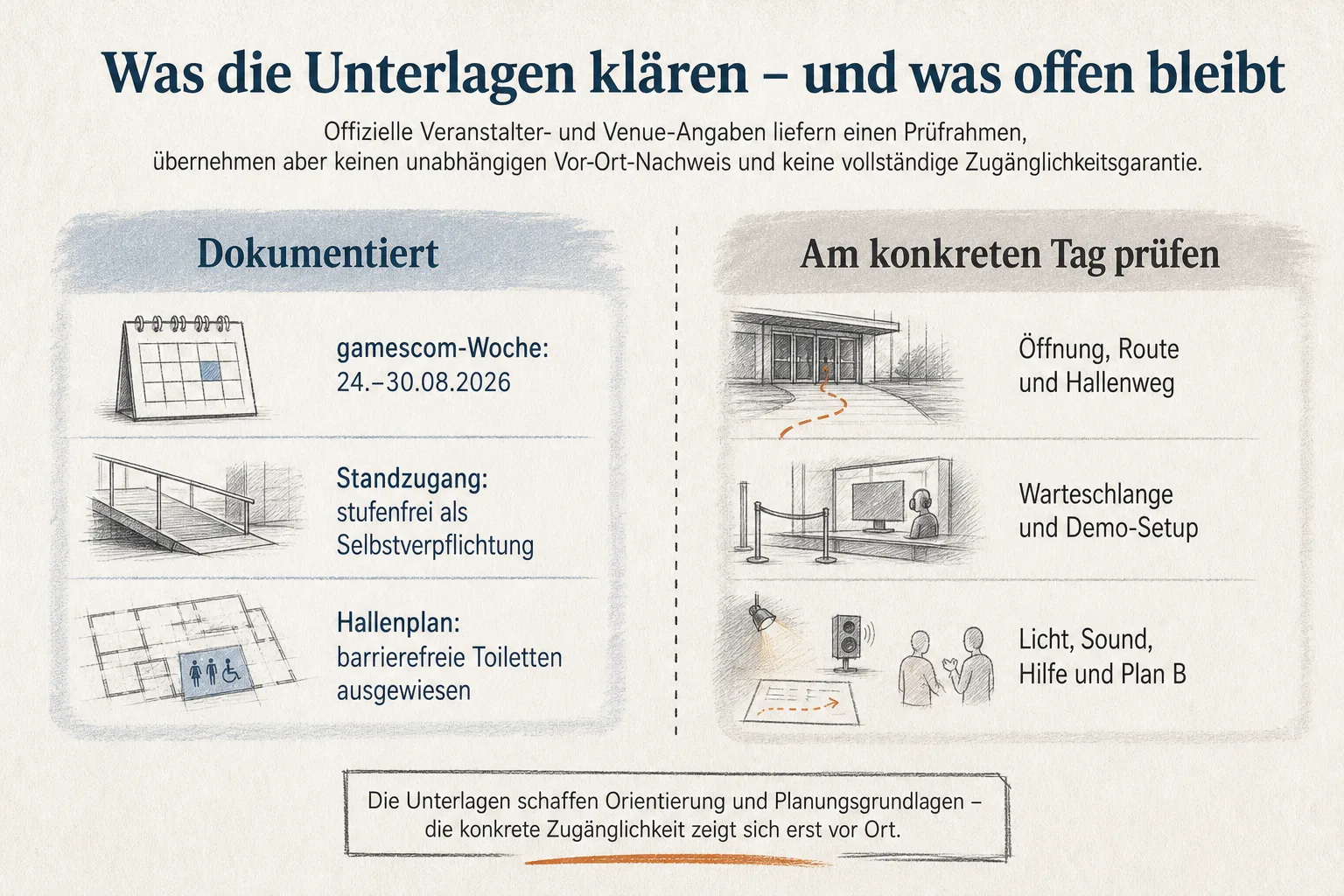 Erklärgrafik stellt dokumentierte gamescom- und Venue-Angaben den offenen Fragen zur konkreten Besuchssituation gegenüber