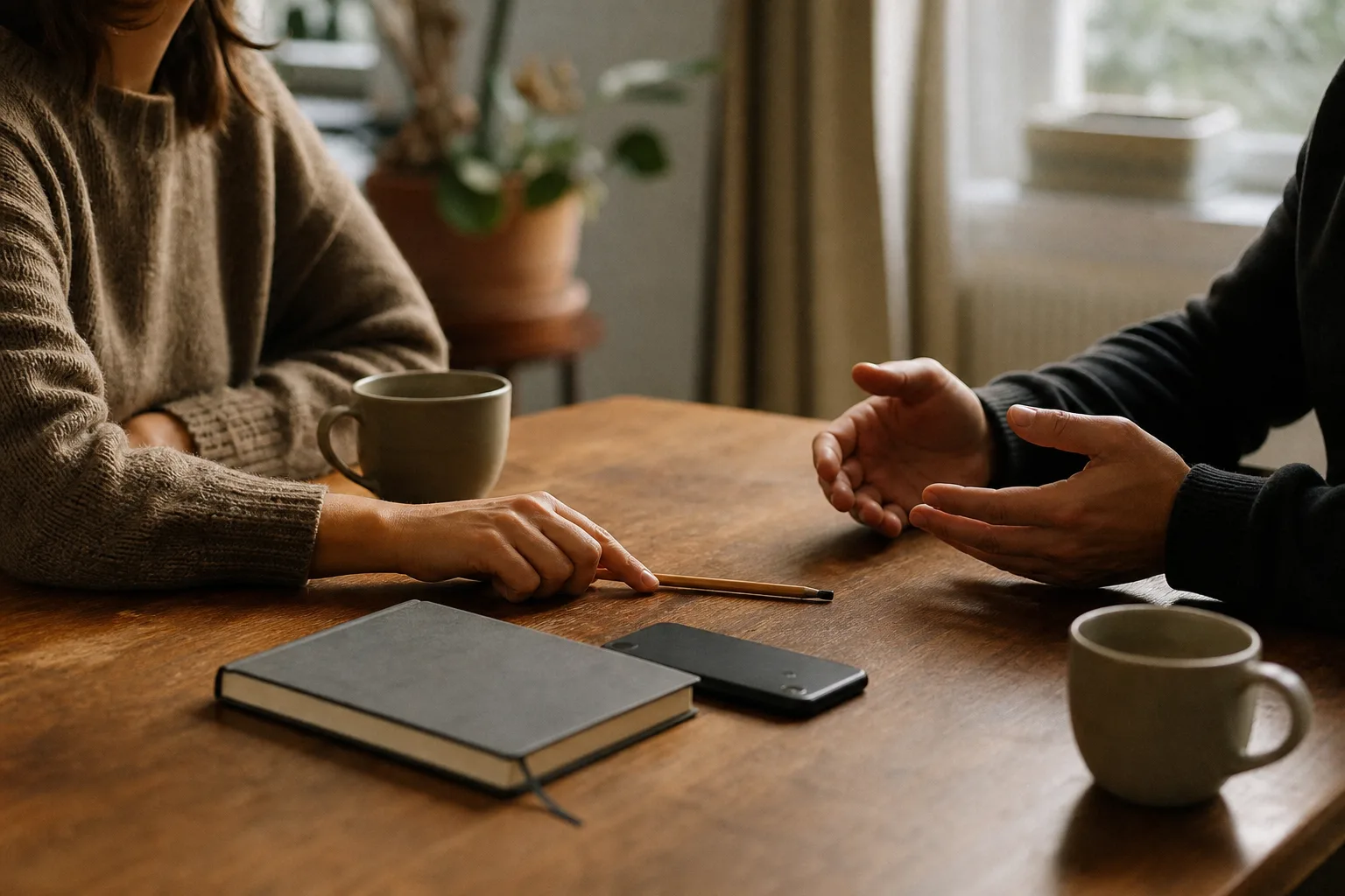 Auf einem Esstisch liegen ein geschlossenes Smartphone, ein privates Notizbuch, ein Bleistift und zwei Tassen; zwei Hände deuten einen ruhigen Austausch an.