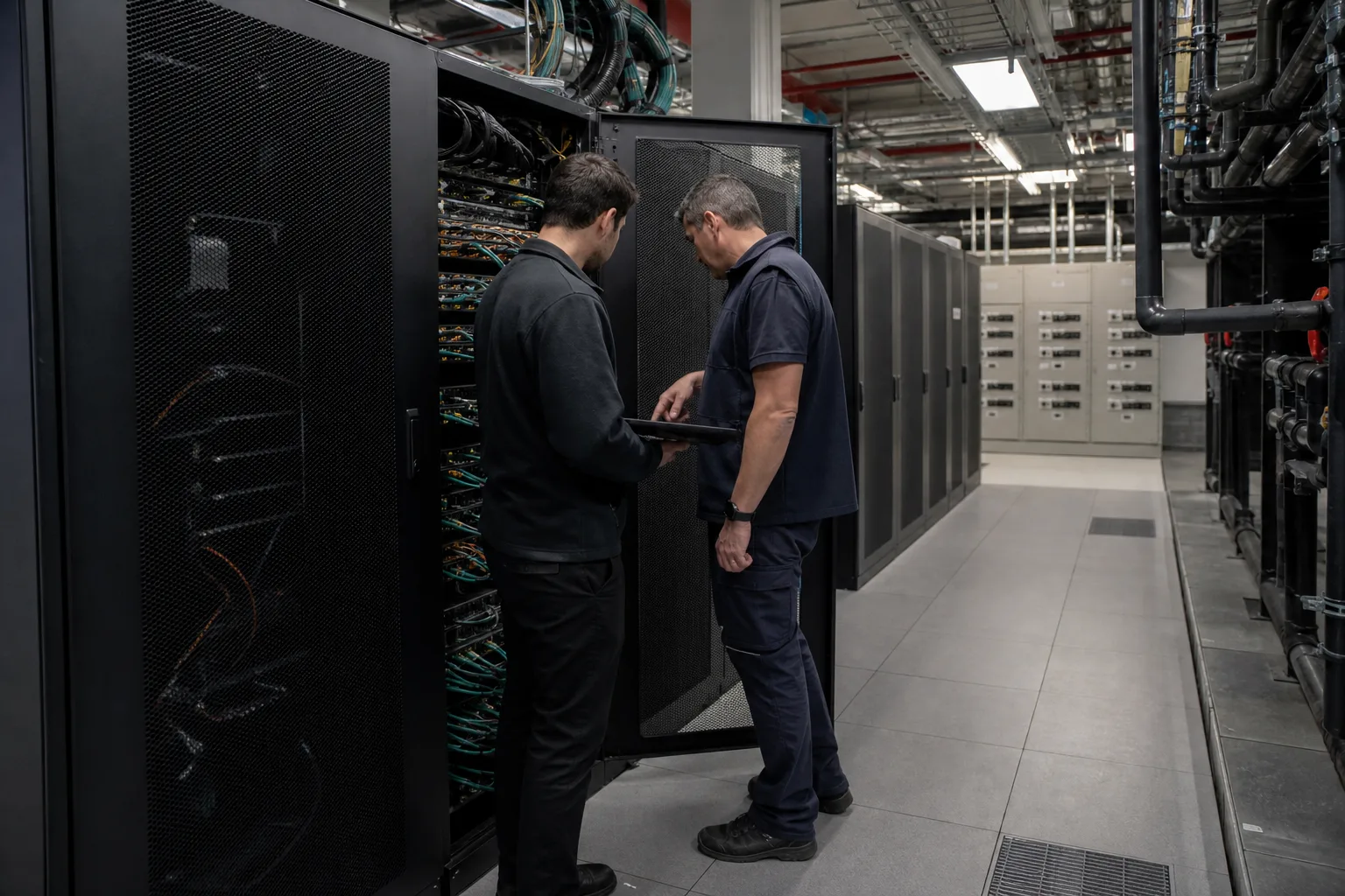 Unmarkierter Serverraum mit Kühlleitungen, Kabelwegen und technischer Stromverteilung als Symbol für den Betrieb von KI-Infrastruktur