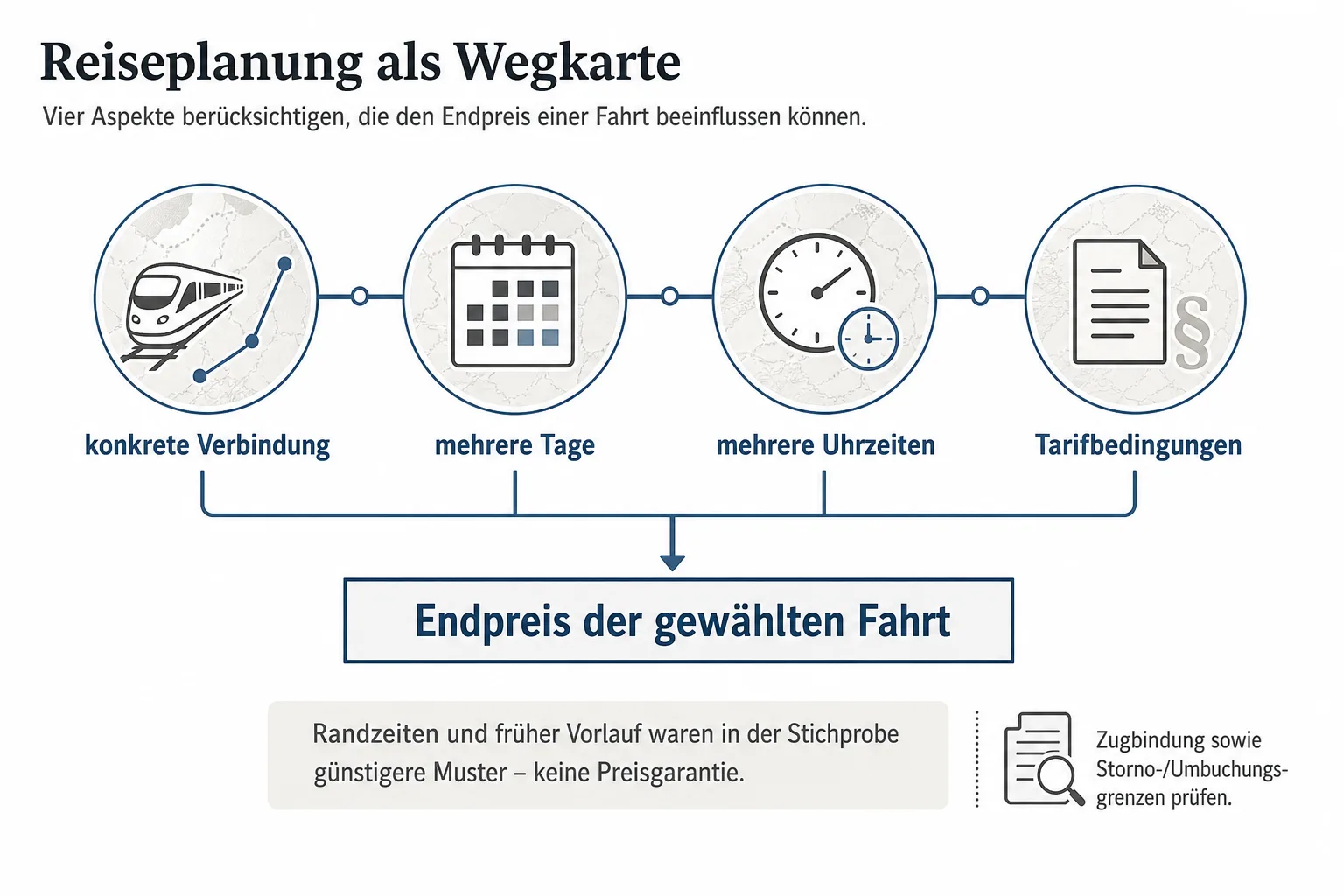 Originalgrafik führt von konkreter Verbindung über mehrere Tage und Uhrzeiten zu Tarifbedingungen und dem Endpreis der gewählten Fahrt