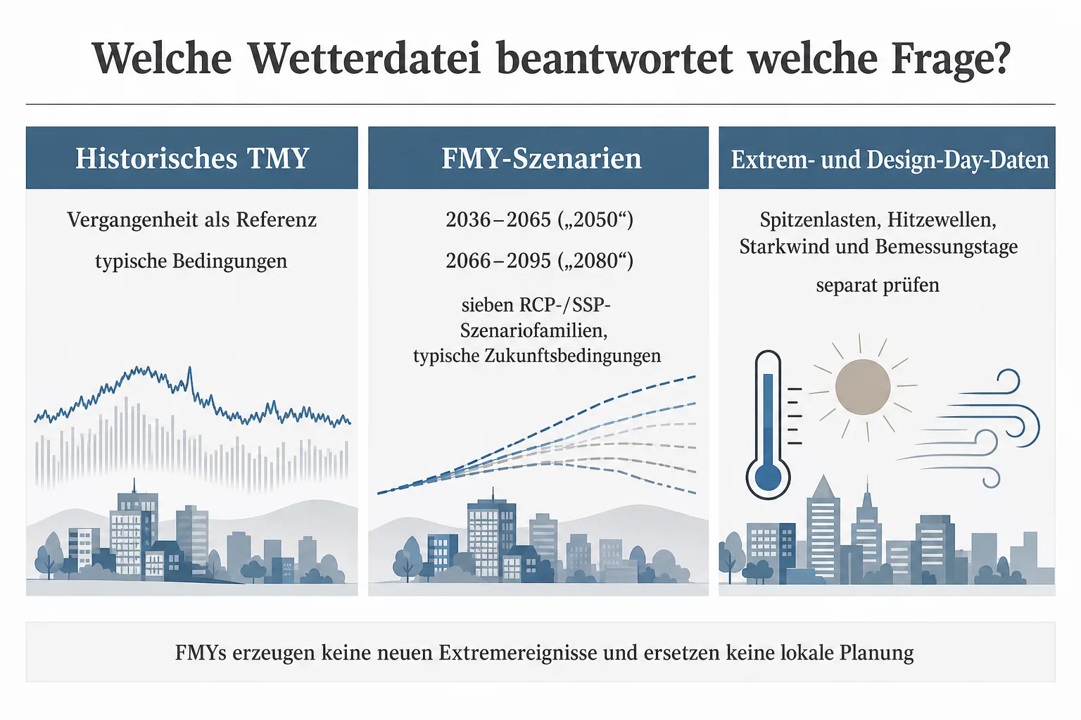 Originalgrafik trennt historische TMY-Referenz, FMY-Szenarien für 2050 und 2080 sowie Extrem- und Design-Day-Daten