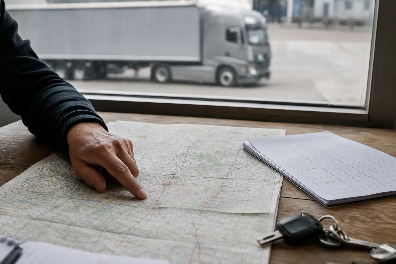 Eine Hand zeigt auf eine gefaltete Straßenkarte auf einem Dispositionstisch; im Hintergrund steht unscharf ein unmarkierter schwerer Lkw.