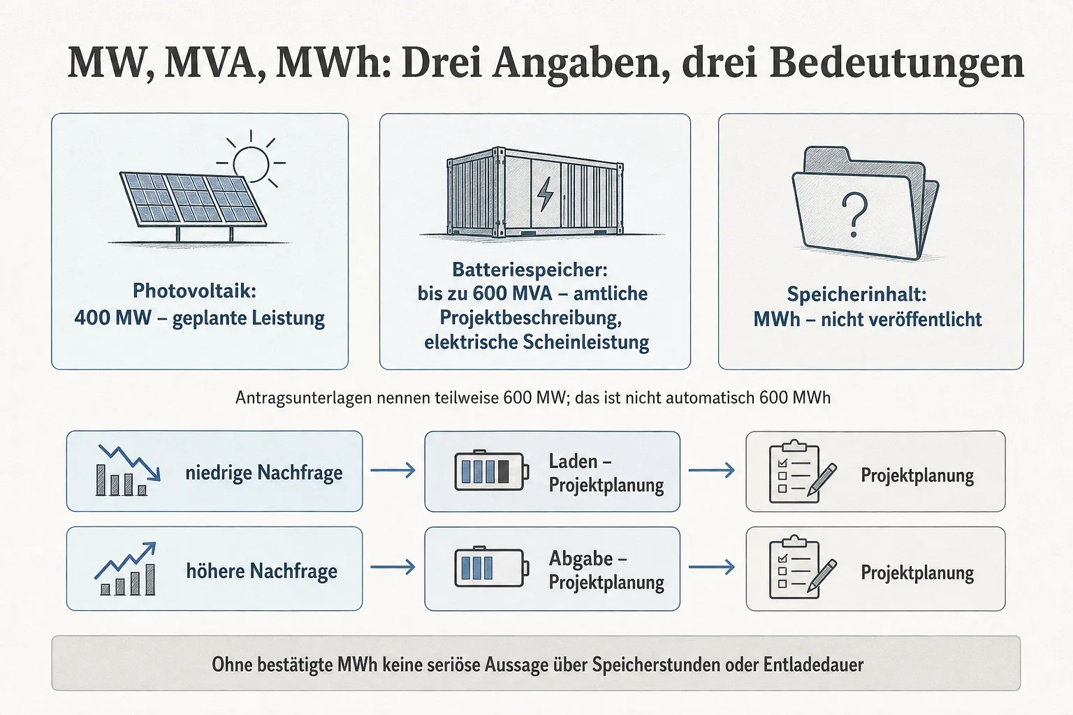 Infografik trennt 400 MW PV-Leistung, bis zu 600 MVA Batteriespeicher und die unveröffentlichte MWh-Energiemenge
