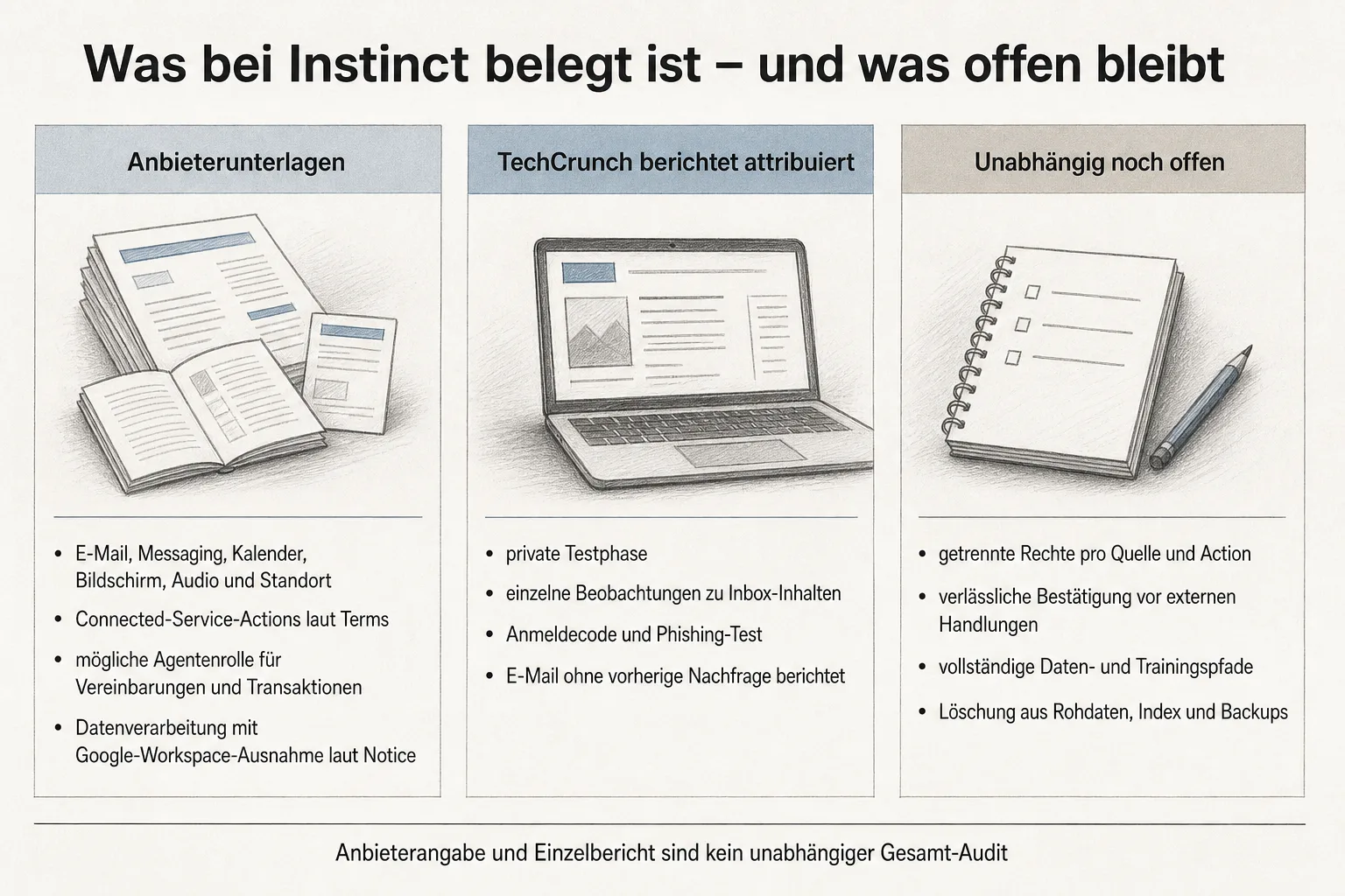 Originalgrafik trennt Anbieterunterlagen und attribuierte Testerbeobachtungen von offenen unabhängigen Nachweisen