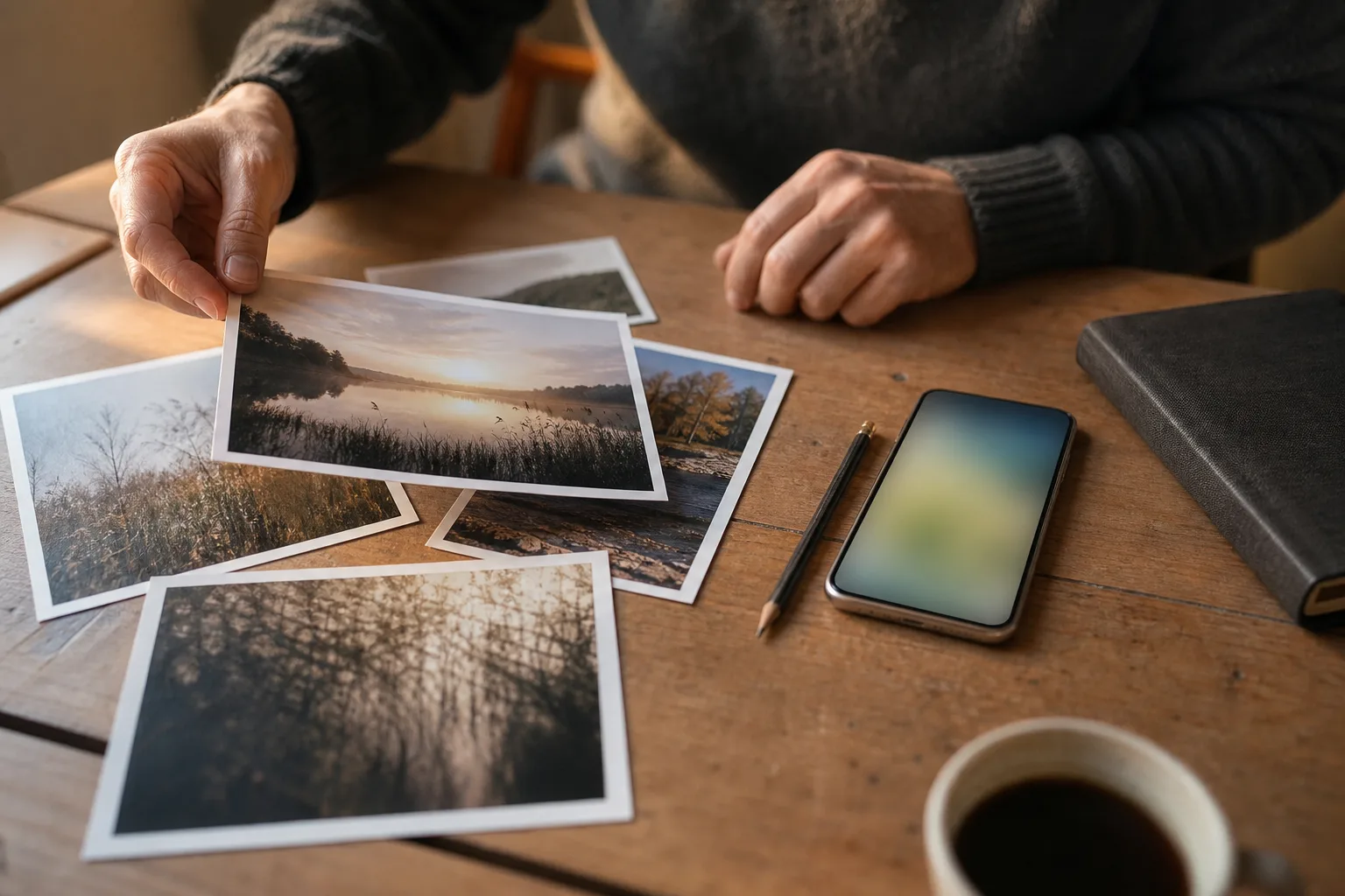 Eine Person wählt an einem kleinen Schreibtisch zwischen nicht identifizierbaren Naturfotos, neben ihr liegt ein neutrales Smartphone.