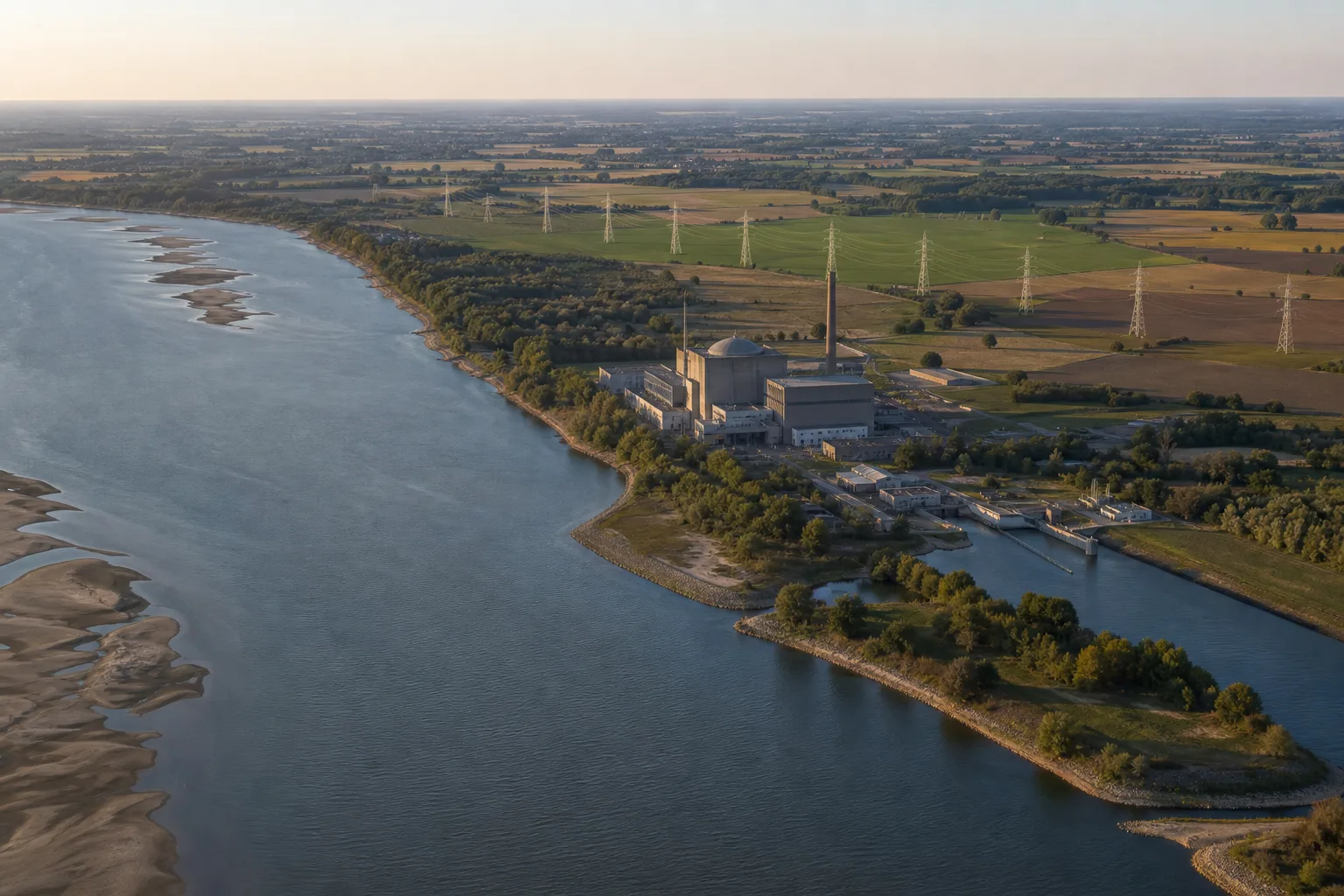 Eine Luftaufnahme zeigt flache Uferzonen an einem breiten Fluss, eine unmarkierte Industrieanlage und Hochspannungsmasten in der umliegenden Ebene.