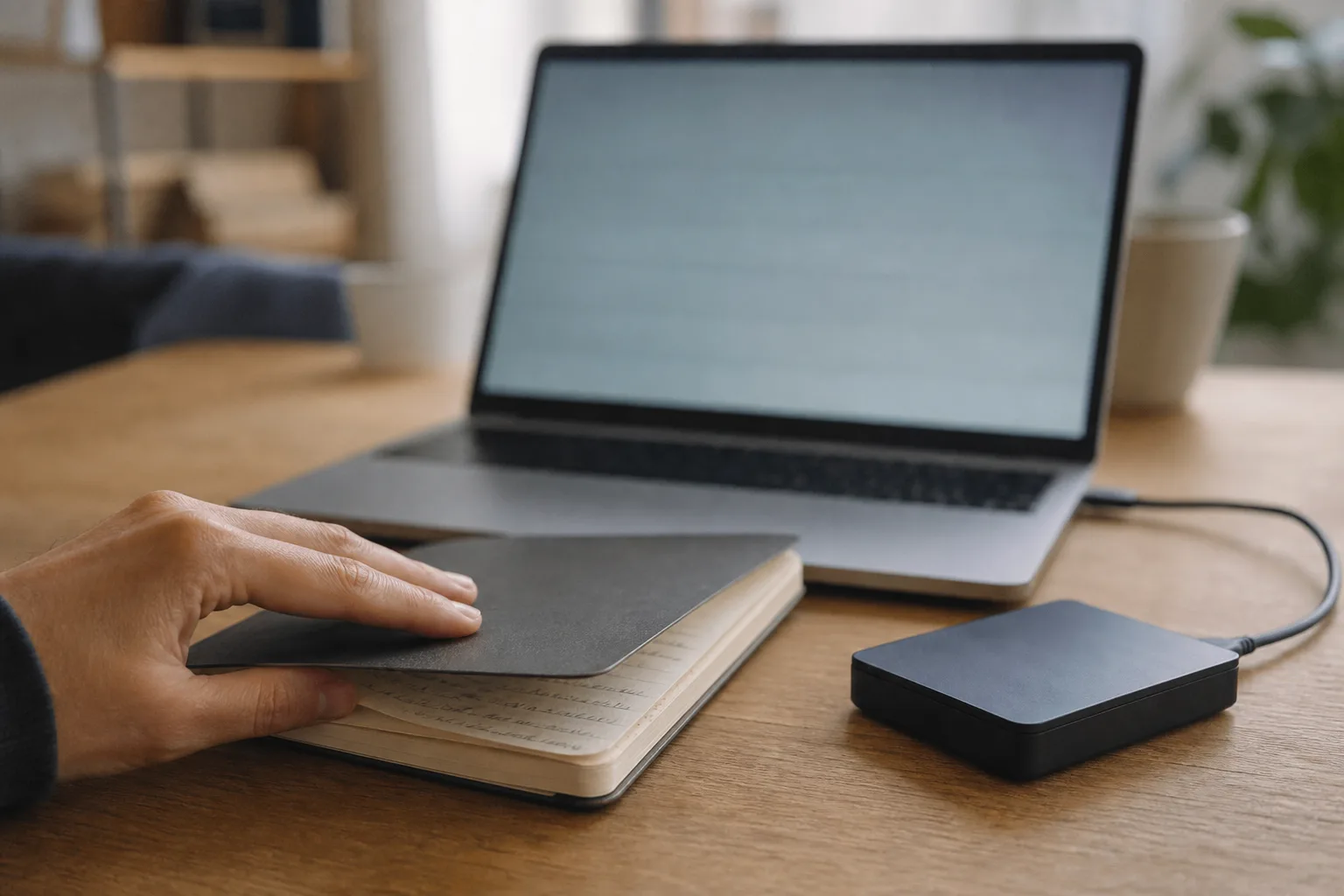 Ein neutraler Laptop, ein unmarkiertes externes Sicherungslaufwerk und ein Notizbuch liegen auf einem Holztisch; eine Hand schließt das Notizbuch.