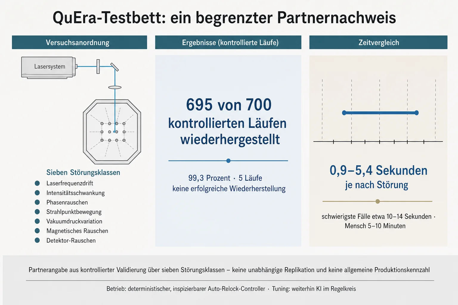 Originalgrafik ordnet 695 von 700 kontrollierten QuEra-Läufen, fünf nicht erfolgreiche Wiederherstellungen und sieben Störungsklassen als begrenzten Partnernachweis ein