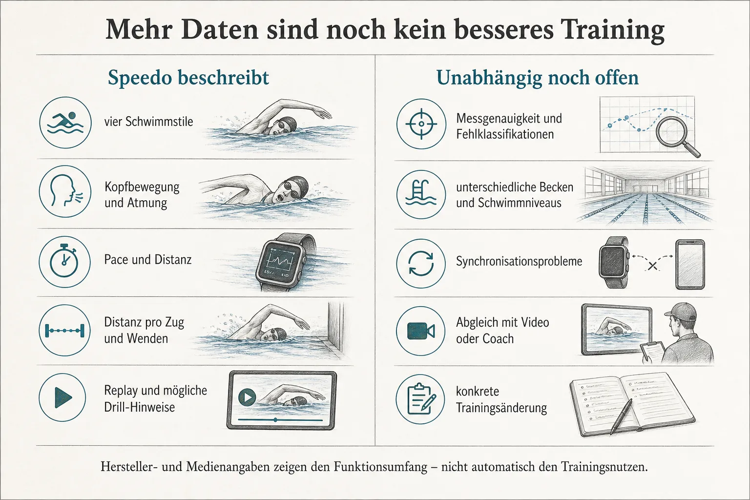 Originalgrafik trennt von Speedo beschriebene Schwimmmetriken von offenen Fragen zu Genauigkeit und Trainingsnutzen