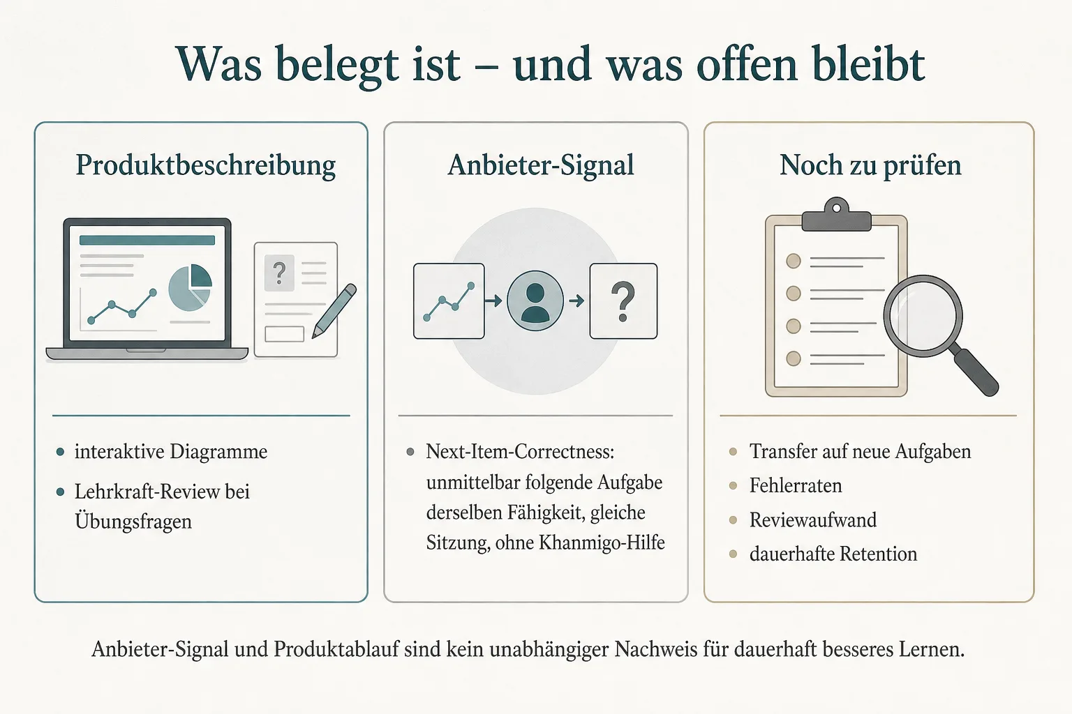 Originalgrafik trennt Khanmigo-Funktionsbeschreibung und Anbieter-Signal von offenen Fragen zu Transfer und Fehlern