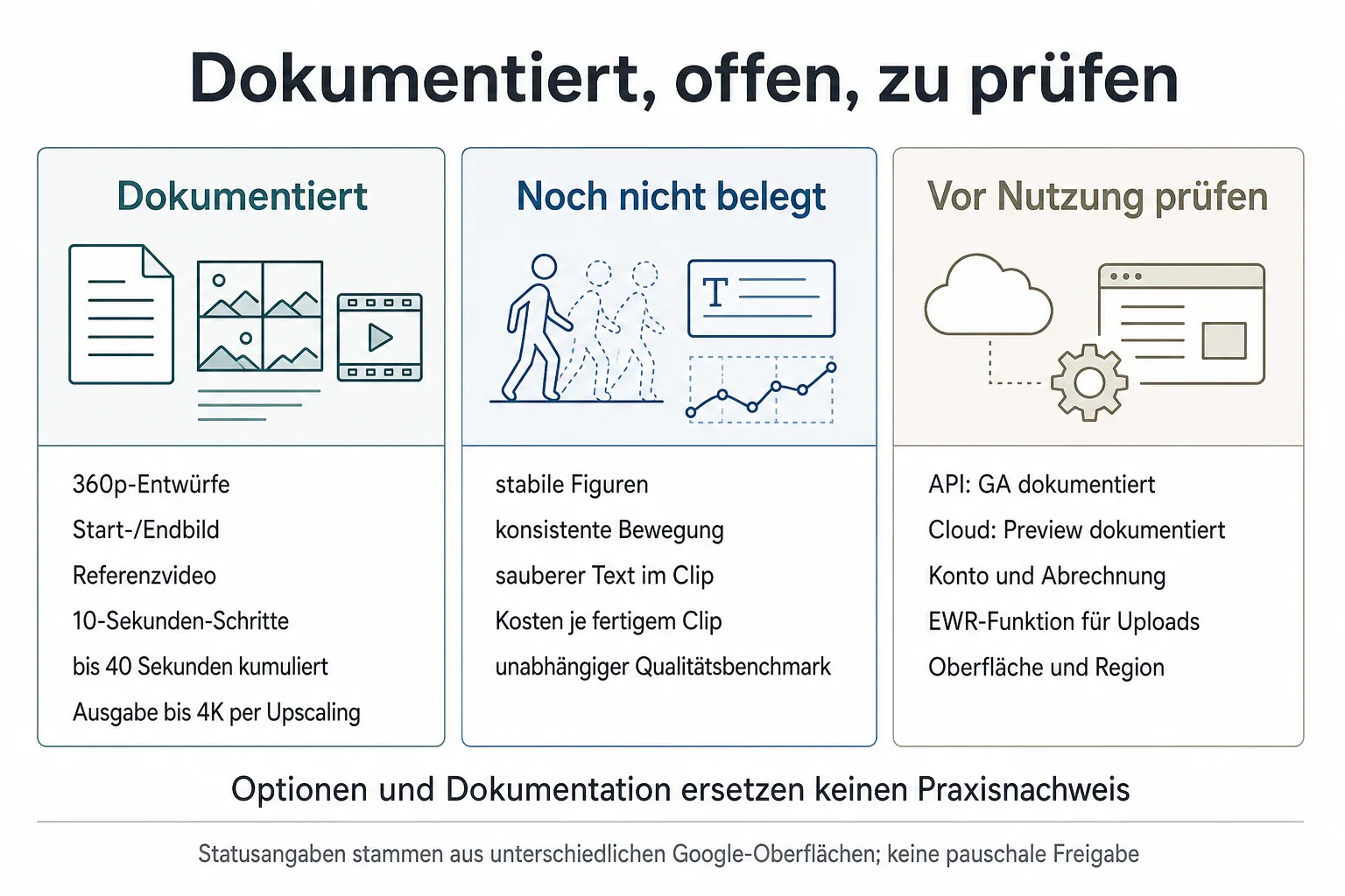 Originalgrafik trennt dokumentierte Videofunktionen, offene Qualitätsfragen sowie zu prüfende Status- und Zugangsbedingungen