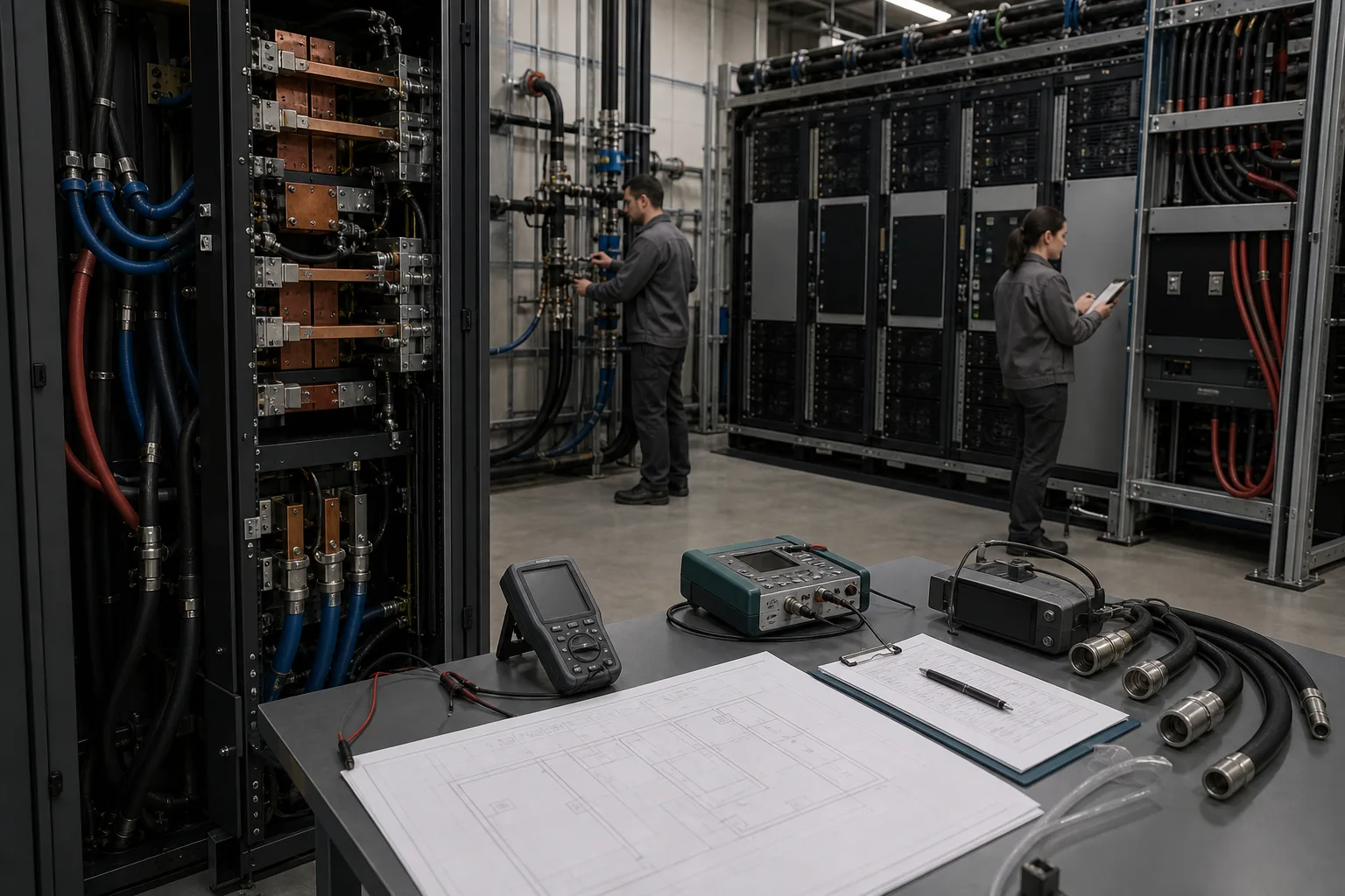 Neutrale Rechenzentrums-Prüfszene mit Rack, Kühlleitungen, Messgeräten und Unterlagen zum Netzanschluss