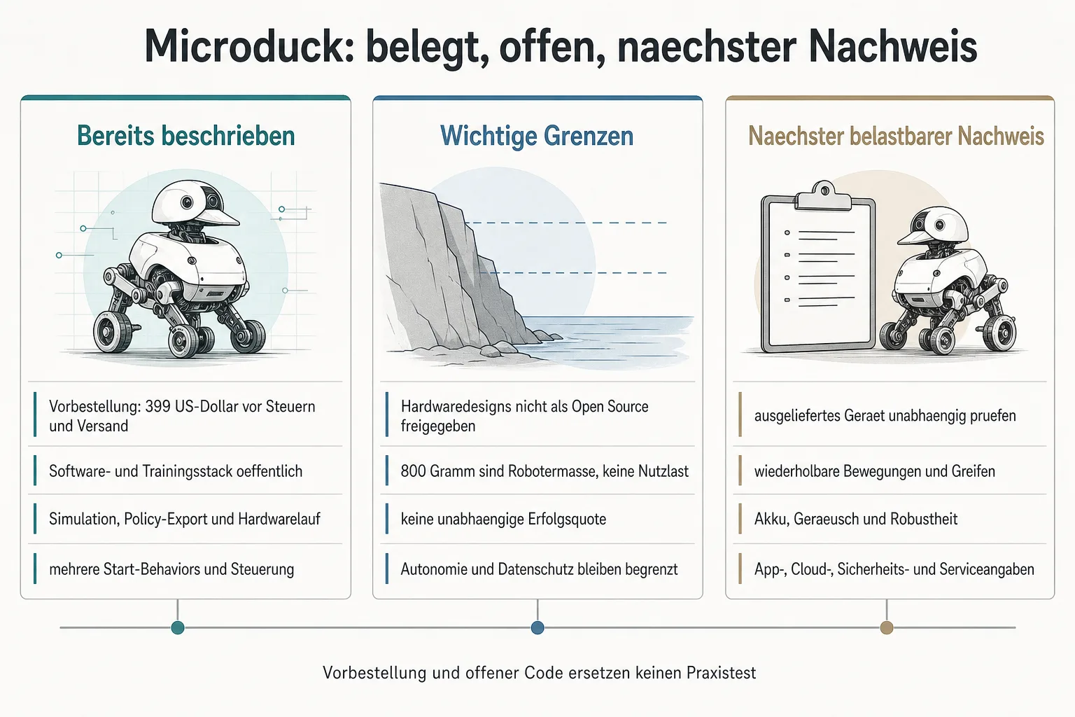 Originalgrafik trennt Microduck-Produktstand, Grenzen von Software und Hardware sowie die naechsten unabhaengigen Prueffragen