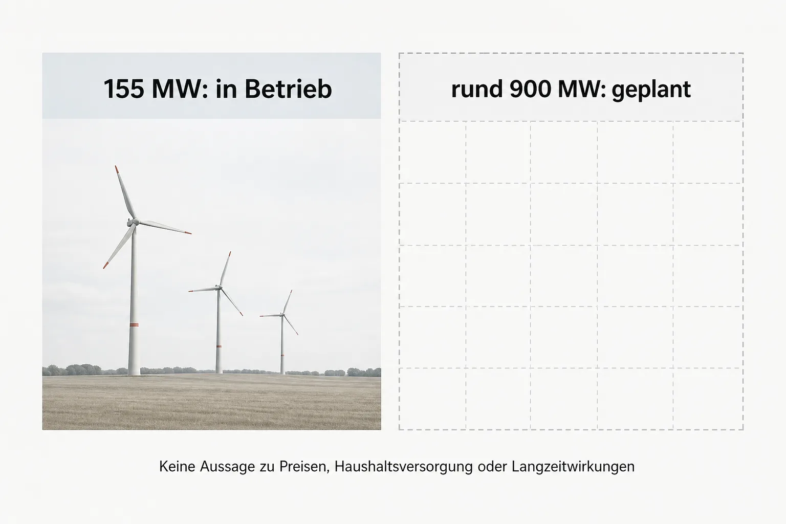 Vergleichsgrafik mit einer laufenden 155-MW-Windphase und einem hell markierten, weiter geplanten Ausbau von rund 900 MW.