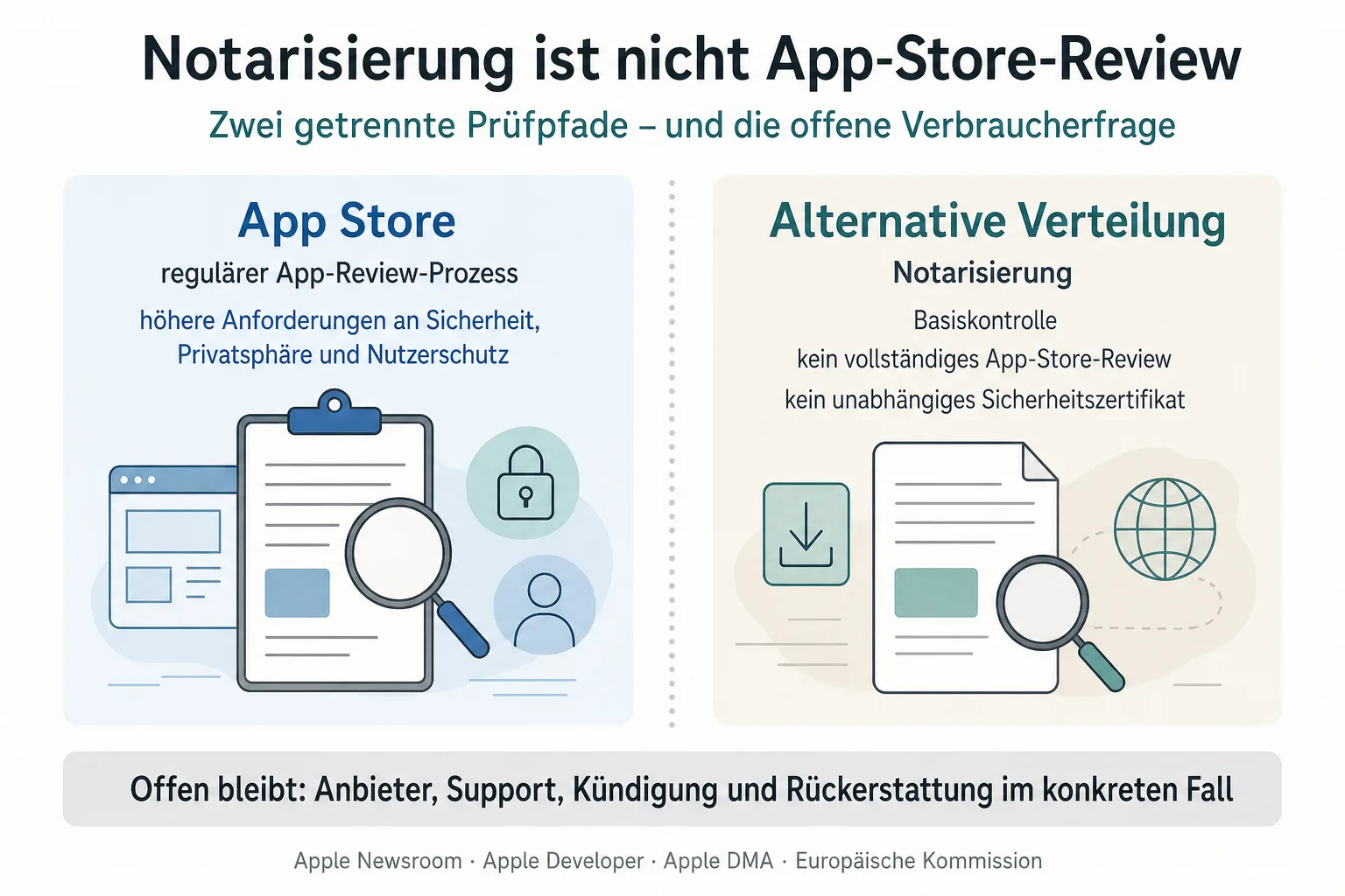 Originalgrafik vergleicht regulären App-Store-Review mit Notarisierung als Basiskontrolle bei alternativer Verteilung