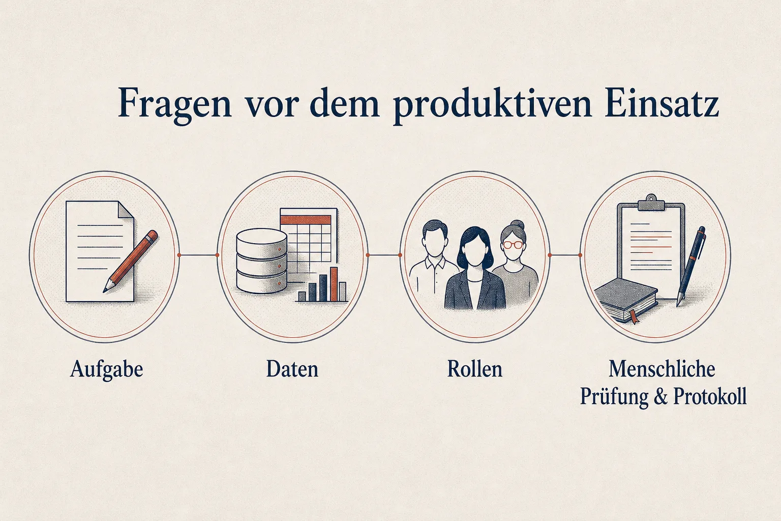 Prozessgrafik mit den vier Stationen Aufgabe, Daten, Rollen sowie menschliche Prüfung und Protokoll
