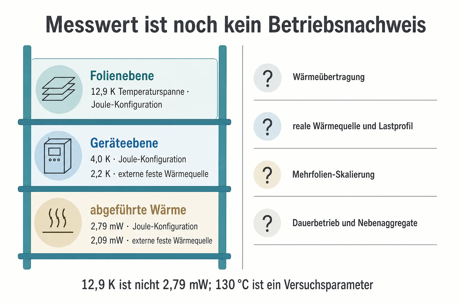 Originalgrafik trennt 12,9 Kelvin auf Folienebene von 4,0 und 2,2 Kelvin auf Geräteebene sowie 2,79 und 2,09 Milliwatt Kühlleistung