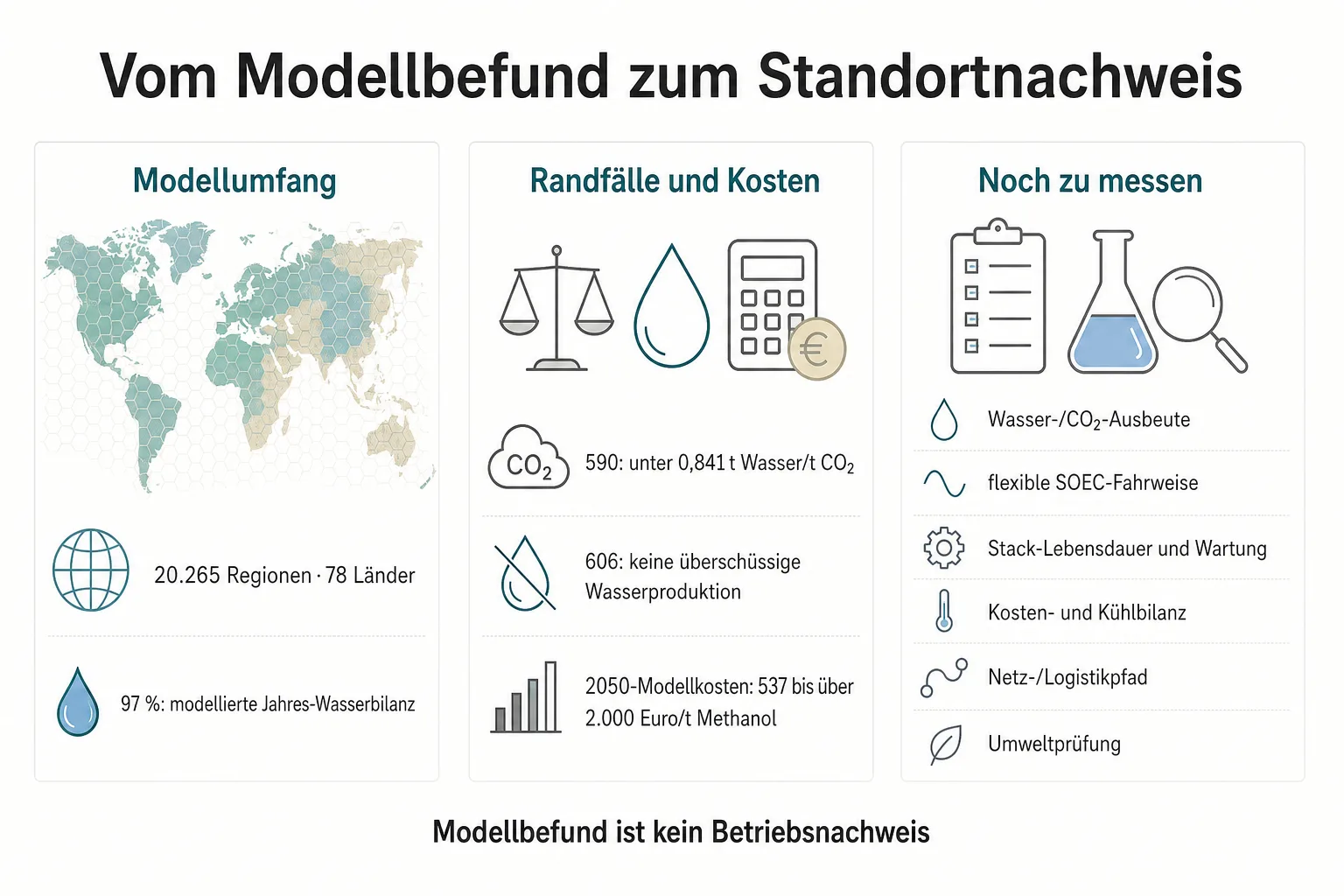 Originalgrafik trennt 20.265 Regionen und 97 Prozent modellierte Jahres-Wasserbilanz von Randfällen, 2050-Modellkosten und offenen Betriebsnachweisen