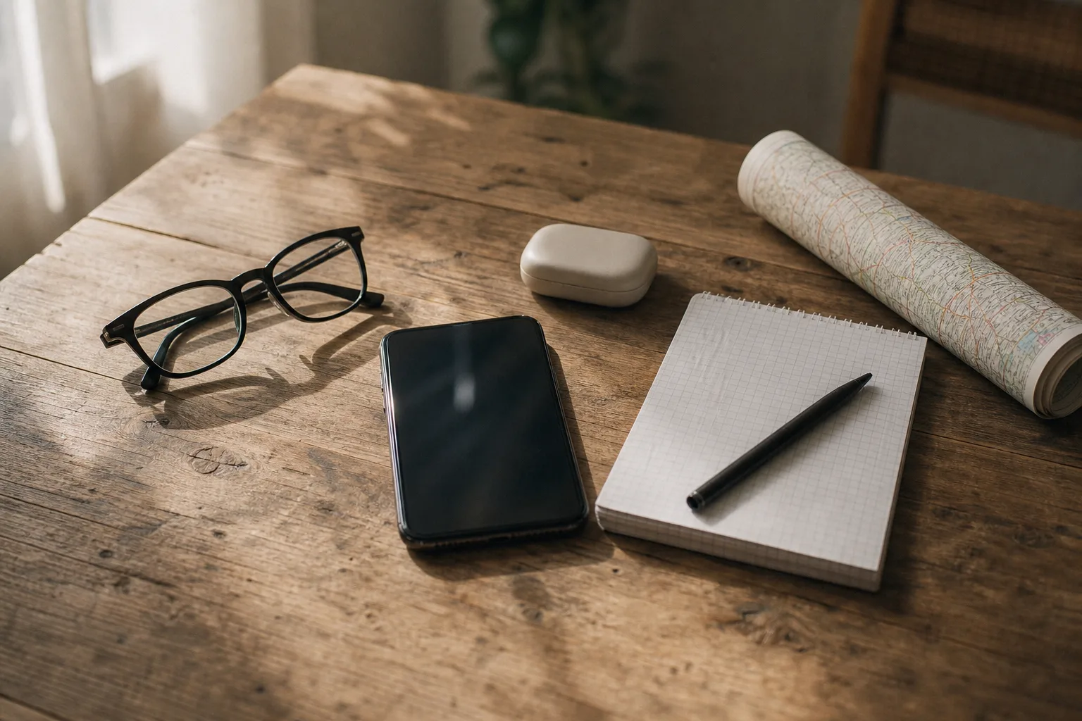 Schlichte unmarkierte Brille, ausgeschaltetes Smartphone, Ladeetui und Notizblock mit leeren Kästchen liegen auf einem Holztisch