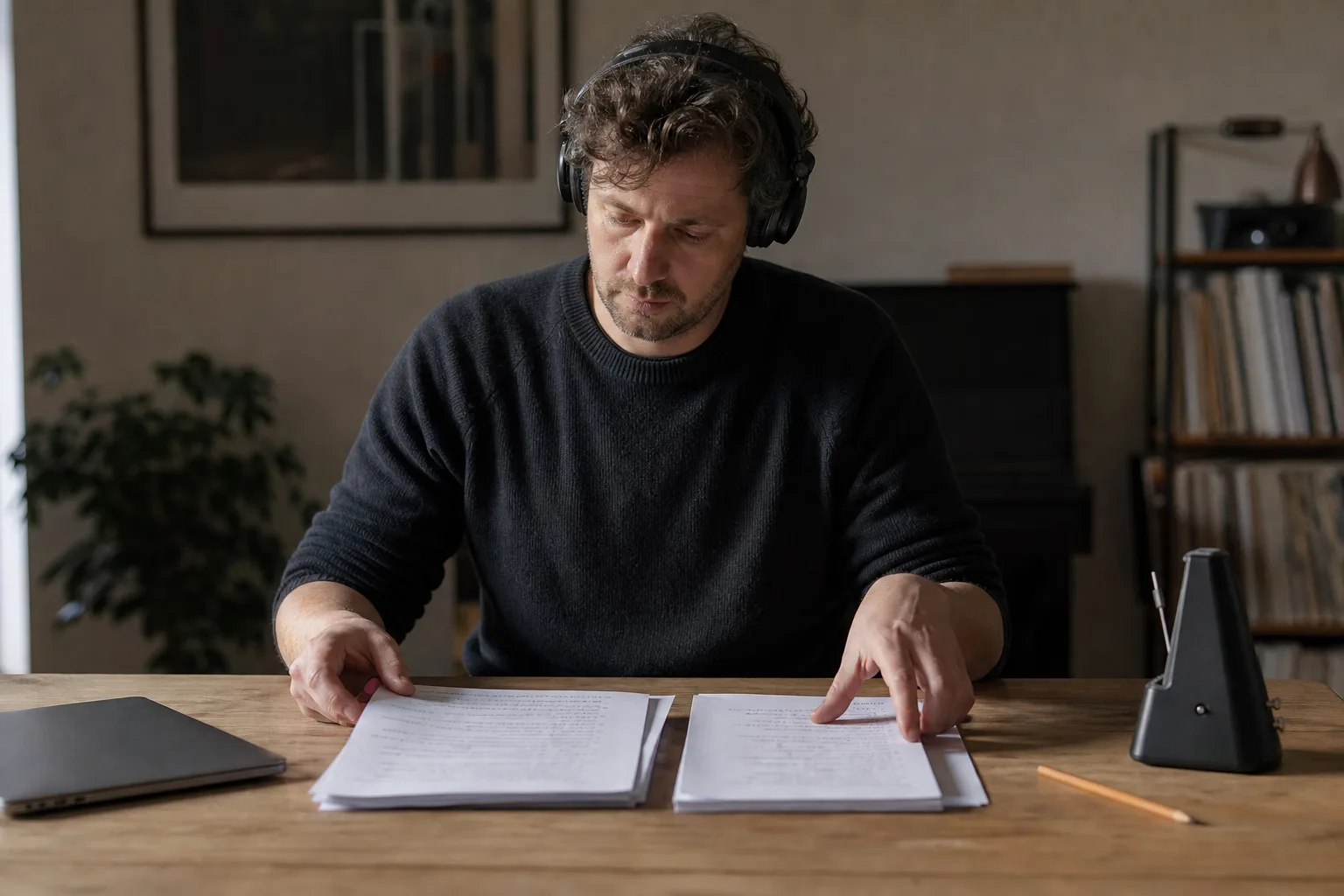 Eine Person vergleicht mit Kopfhörern zwei unmarkierte Papierstapel an einem Holztisch neben einem geschlossenen Laptop.