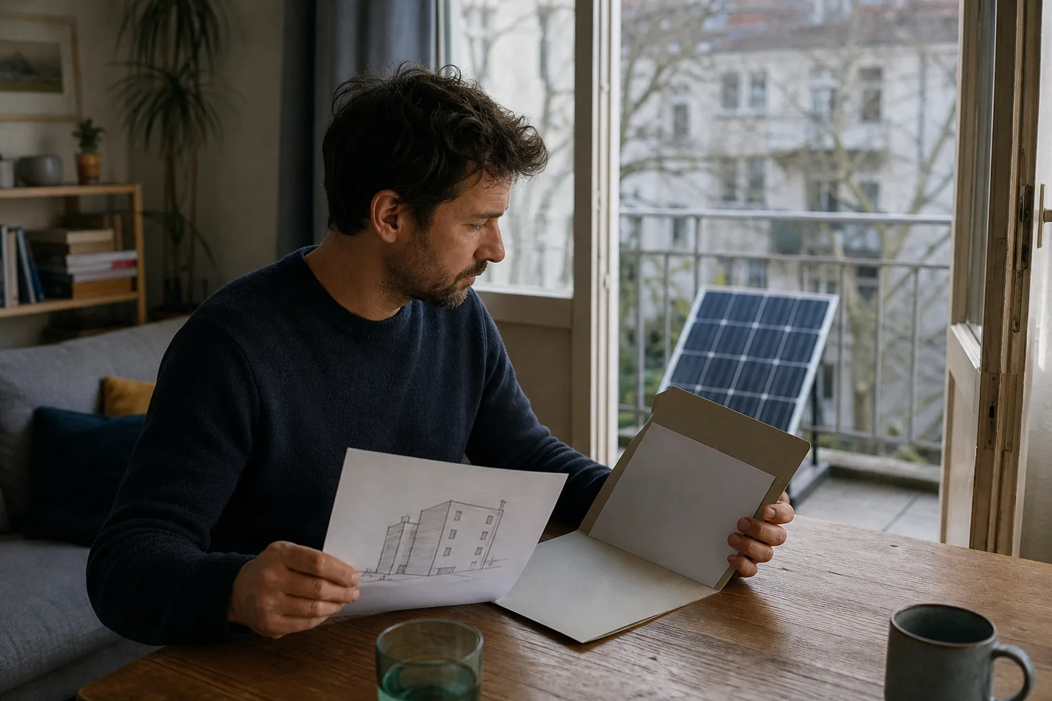 Eine Person vergleicht in einer Mietwohnung eine unlesbare Skizze mit einem Ordner, während der Balkon im Hintergrund sichtbar ist.