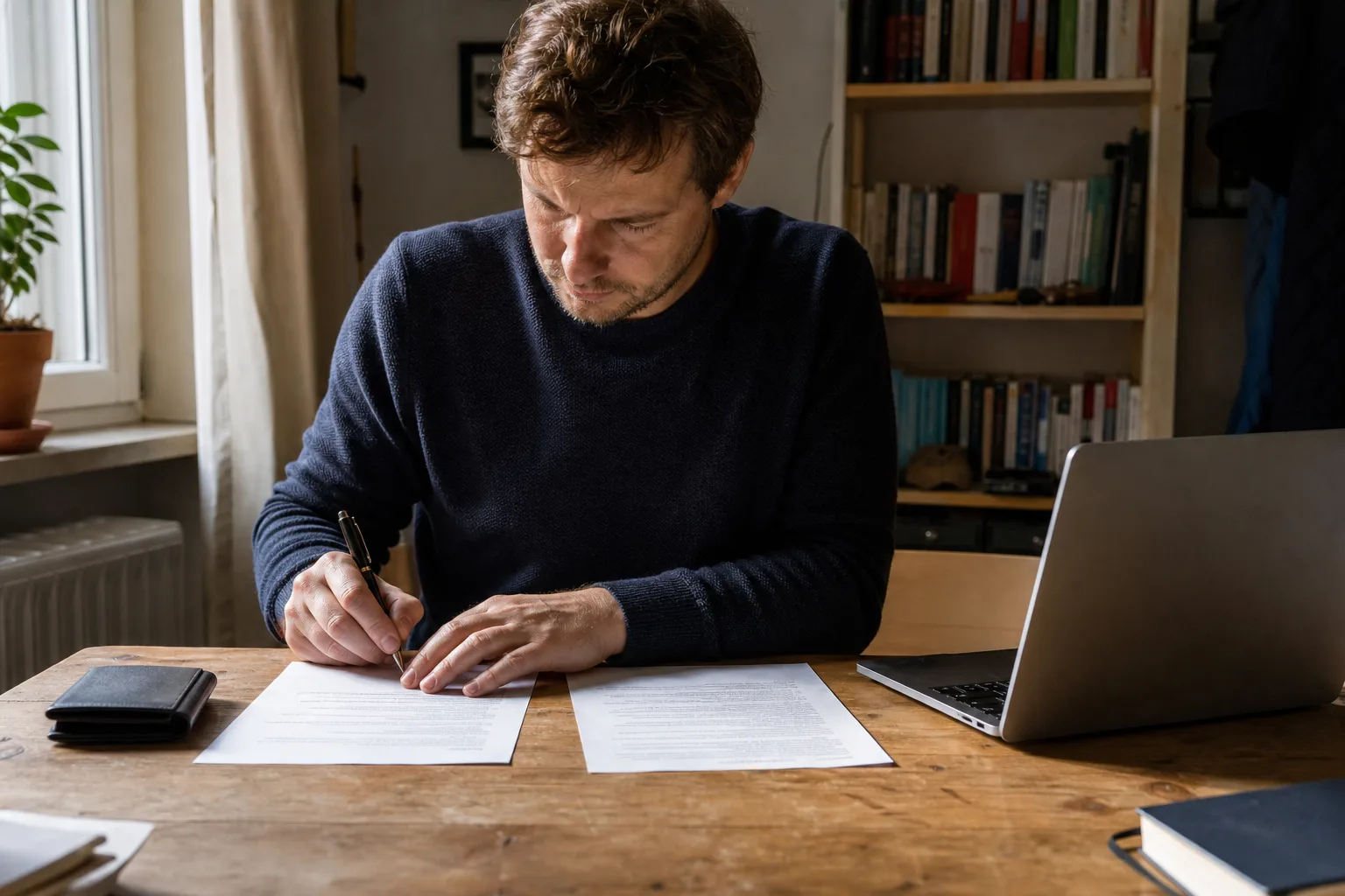 Eine Person vergleicht an einem Schreibtisch zwei getrennte Informationsblätter neben Geldbörse und geschlossenem Laptop.