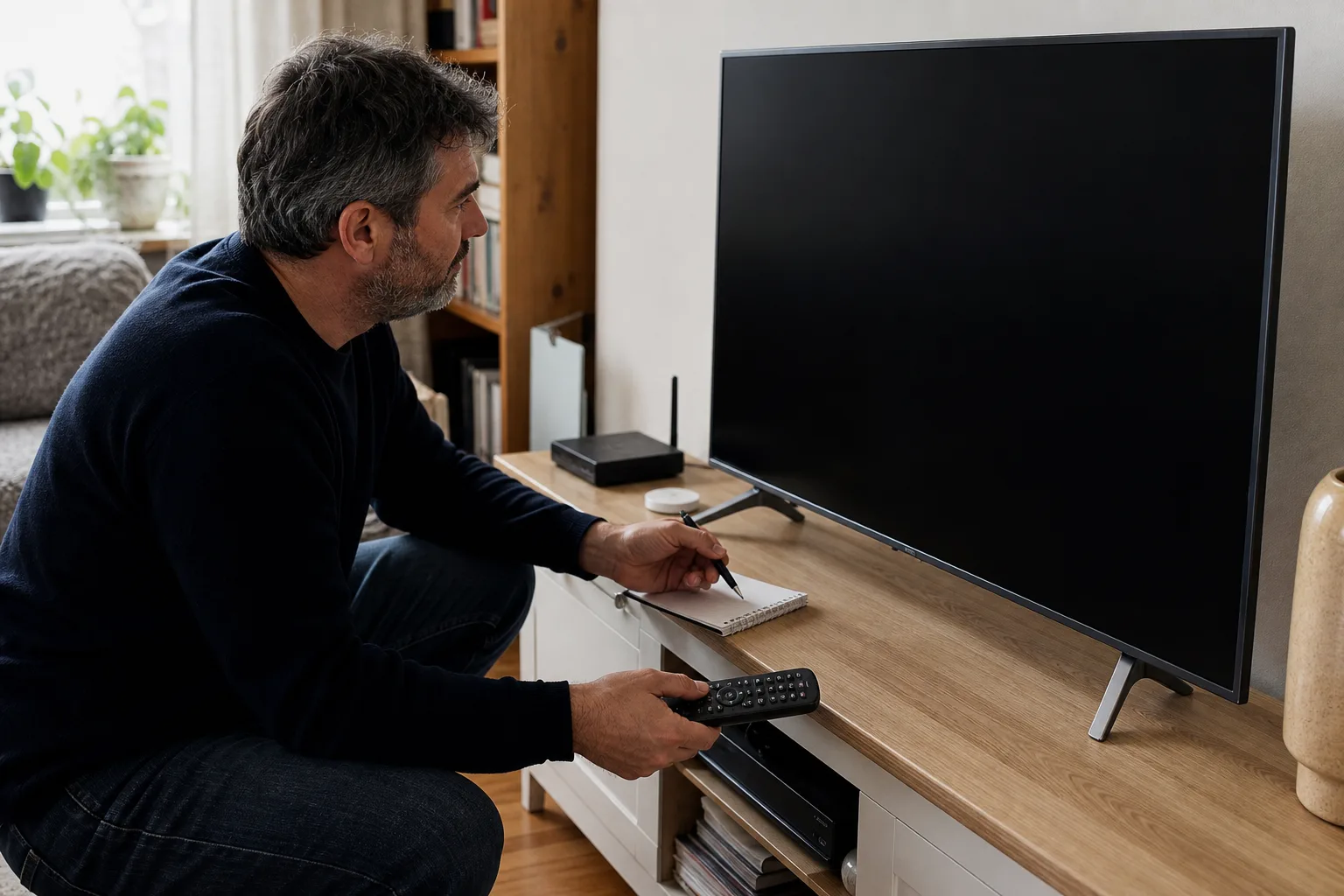 Eine Person prüft mit Fernbedienung und Notizblock einen ausgeschalteten Smart-TV in einer normalen Wohnung.