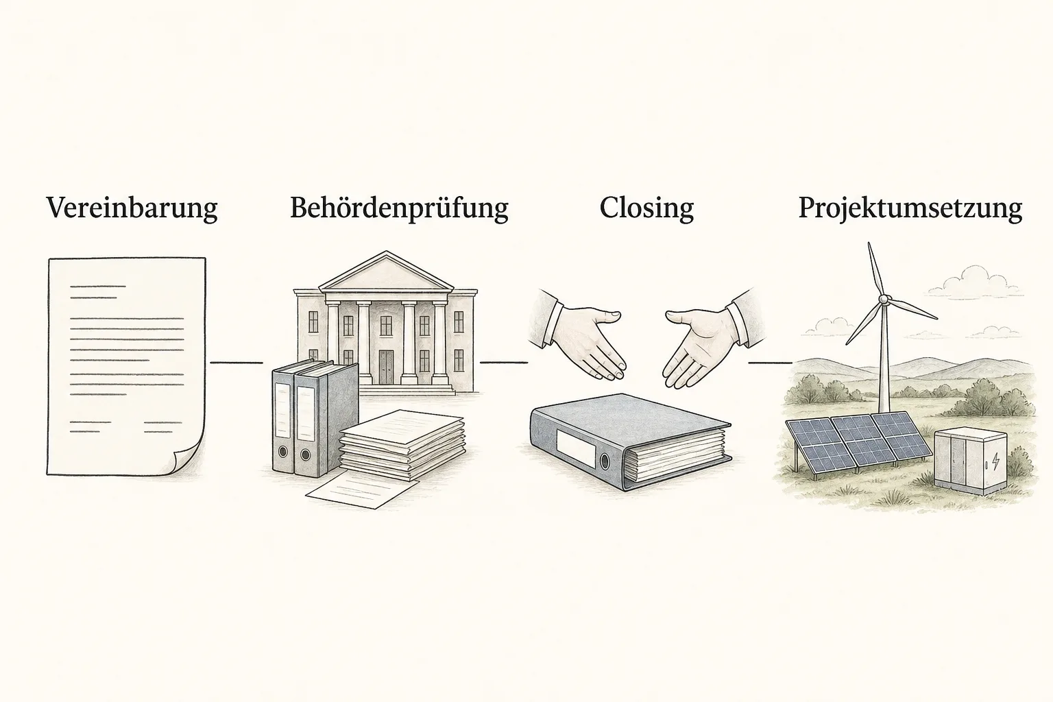 Prozessgrafik zeigt Vereinbarung, Behördenprüfung, Closing und spätere Projektumsetzung als getrennte Schritte.