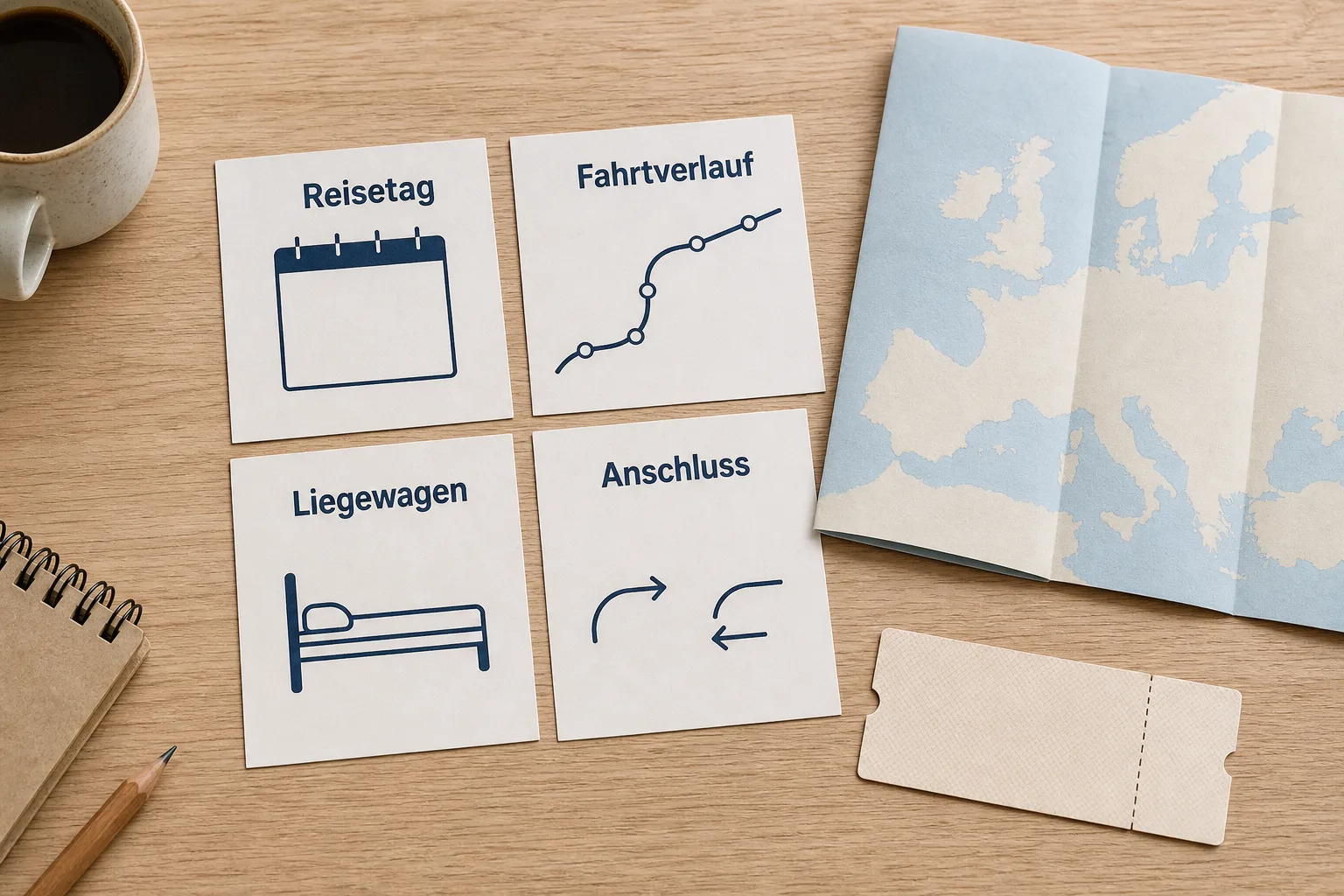 Papierkarten für Reisetag, Fahrtverlauf, Liegewagen und Anschluss liegen neben einem neutralen Zugticket.