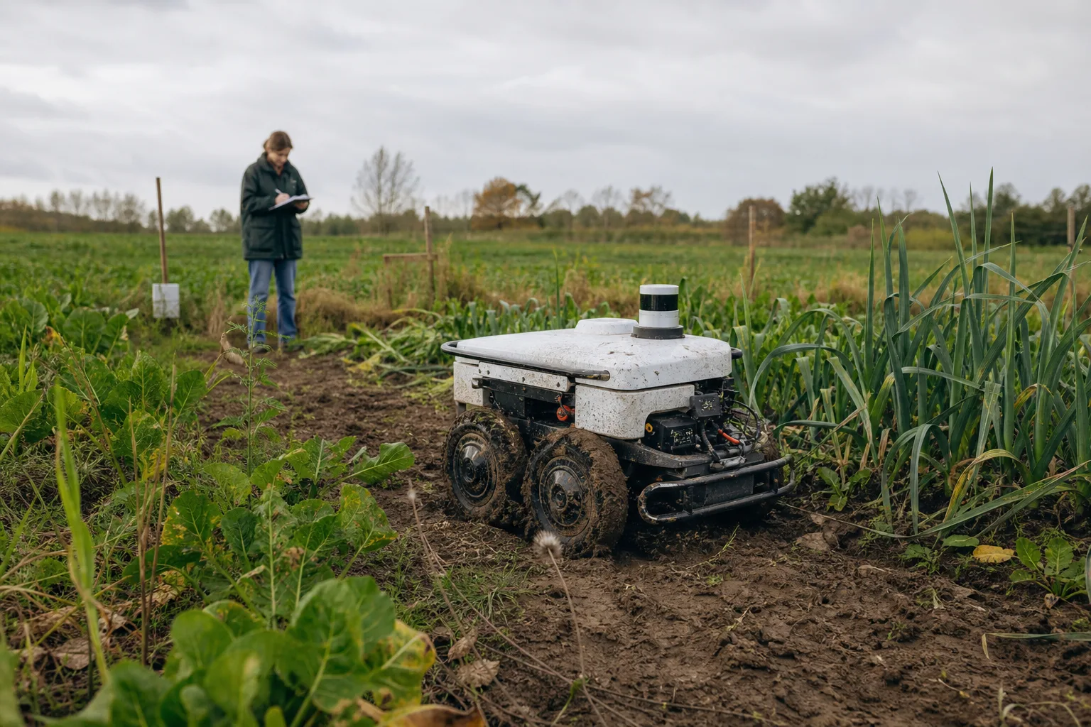 Kleiner unmarkierter Agrarrobotik-Prototyp an einem unebenen Feldrand, während eine Person die Testumgebung mit Notizen prüft.