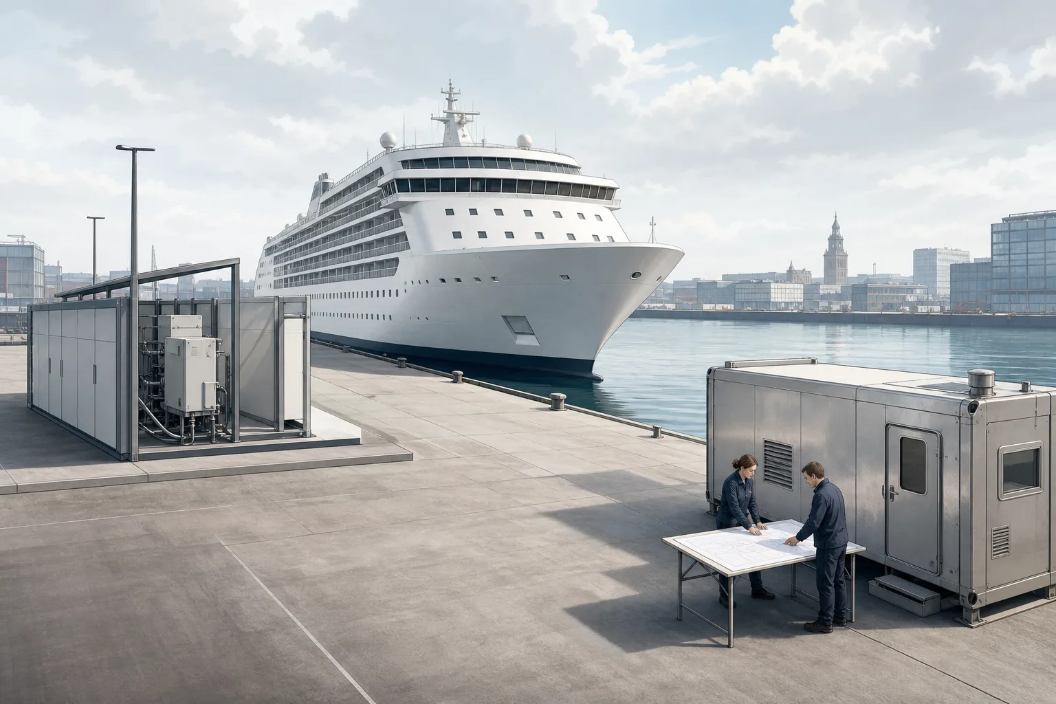 Illustration eines Passagierschiffs am Kai mit separater Landstrom-Infrastruktur und einem kleinen Forschungsbereich am Ufer.