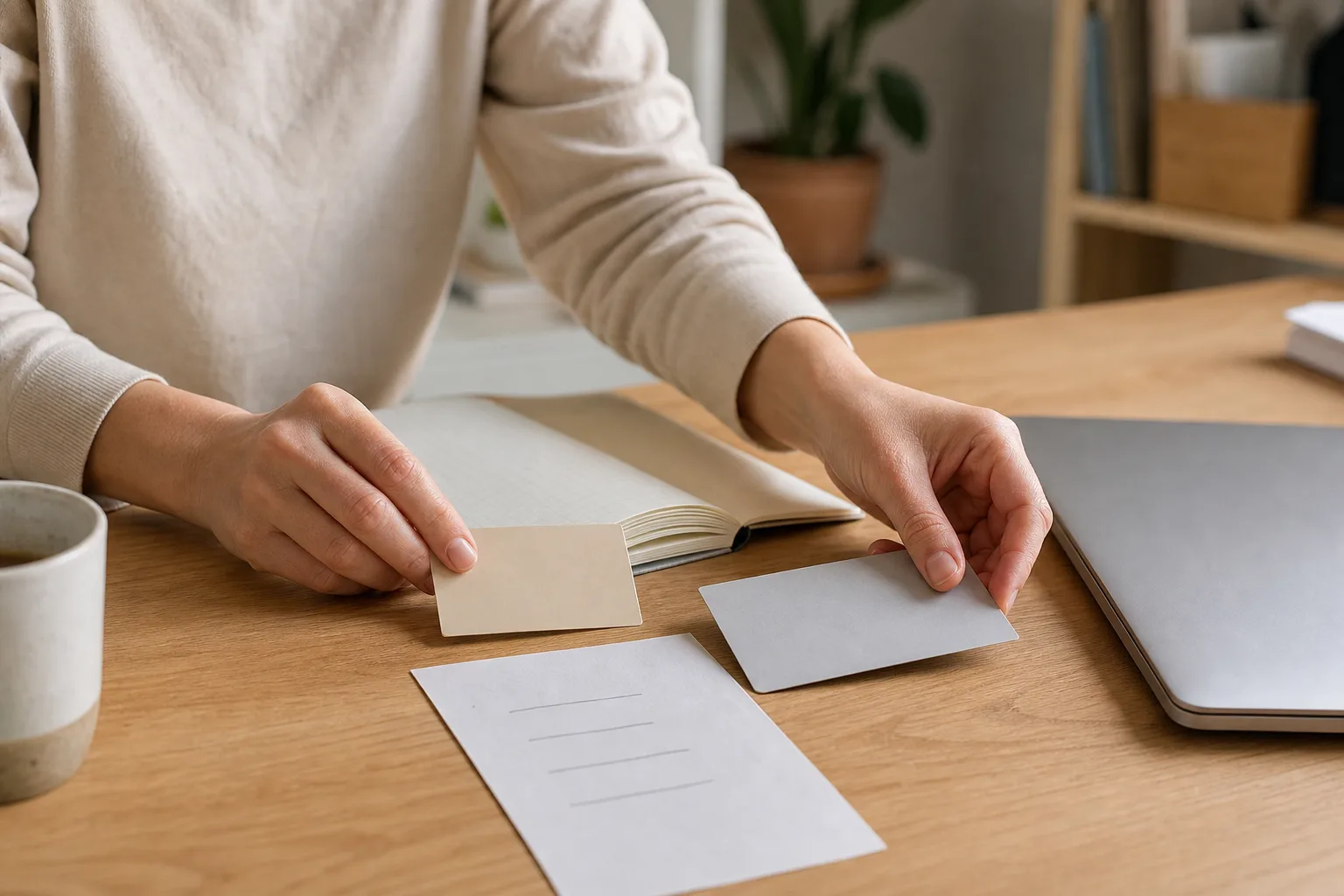 Hände sortieren zwei neutrale Karten und ein Notizbuch neben einem geschlossenen Laptop auf einem hellen Schreibtisch.