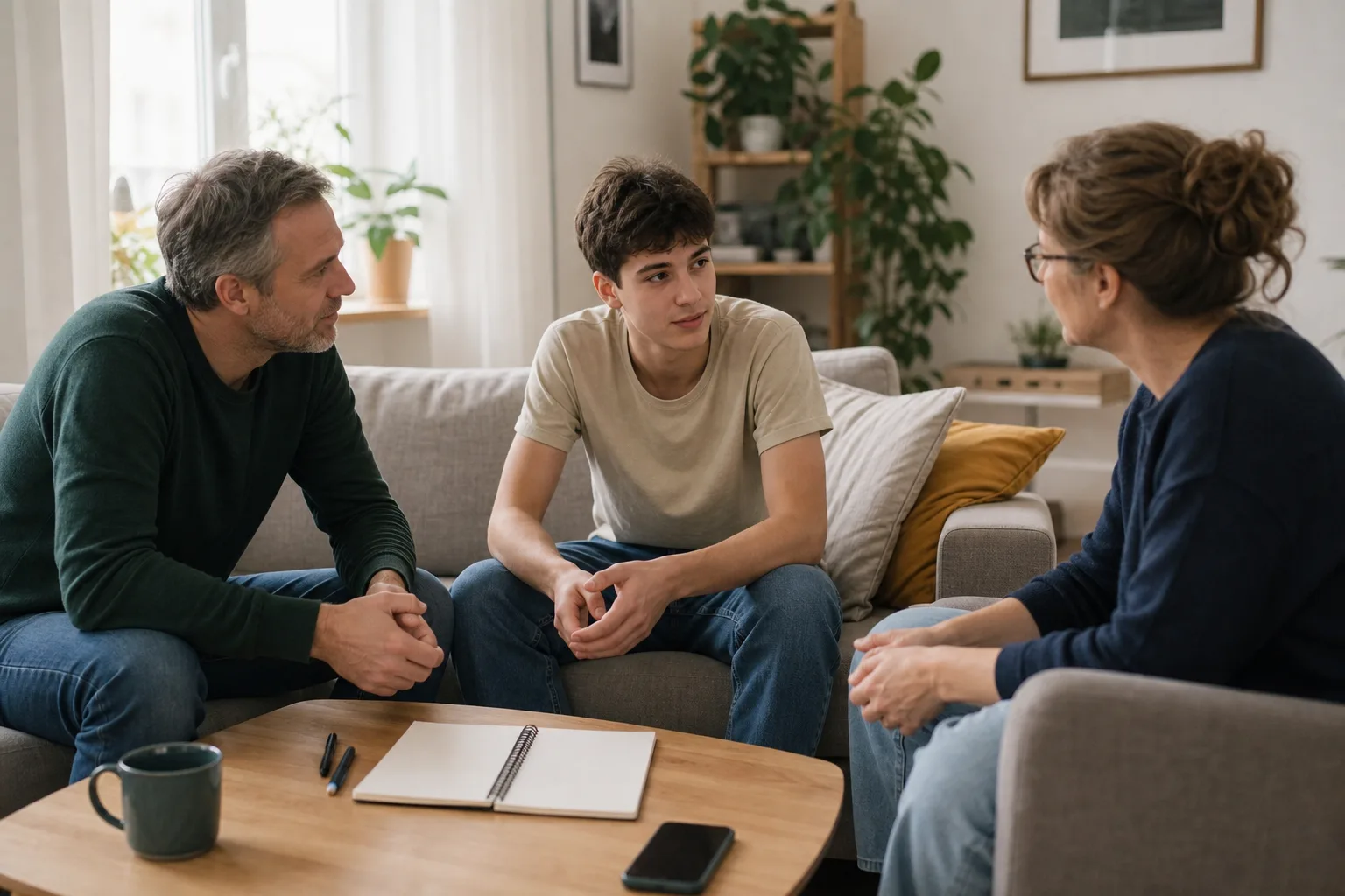 Ein Jugendlicher und zwei erwachsene Bezugspersonen sitzen im Wohnzimmer zusammen und führen ein ruhiges Gespräch.