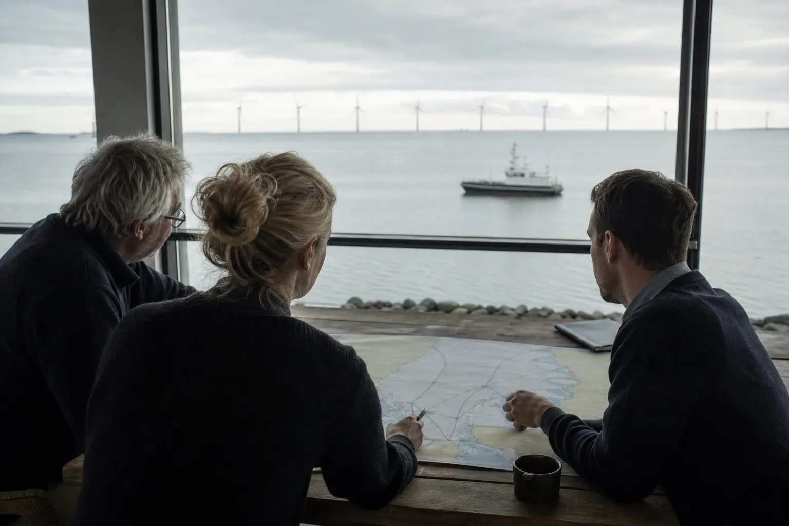 Fachleute betrachten in einem Hafenraum eine unbeschriftete Küstenkarte; im Hintergrund liegen Nordsee und ein Vermessungsboot.
