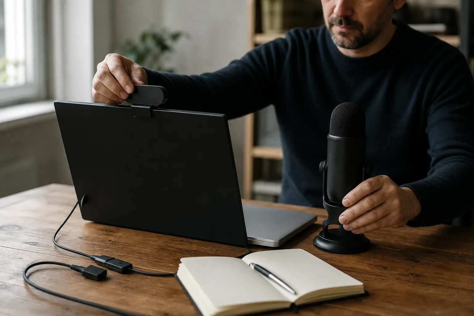 Eine Person bringt eine neutrale Kameraabdeckung am oberen Rand eines geöffneten Laptops an und hält ein Tischmikrofon in der Hand.