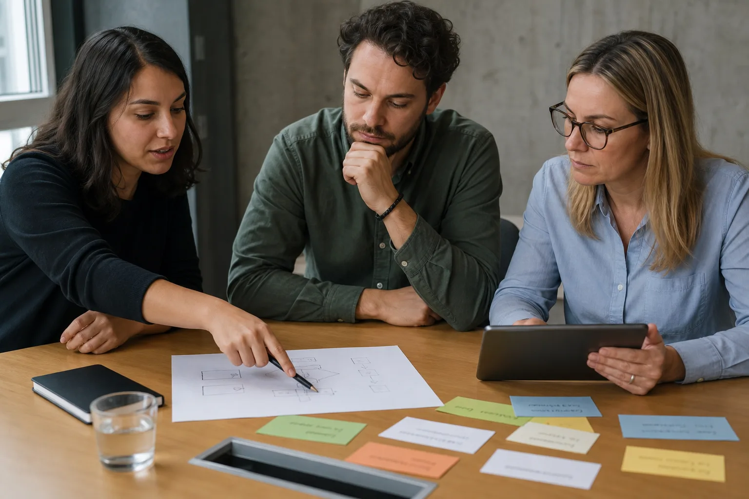 Ein kleines Team bespricht an einem Tisch Unterlagen und einen neutralen Bildschirm für einen begrenzten KI-Test.