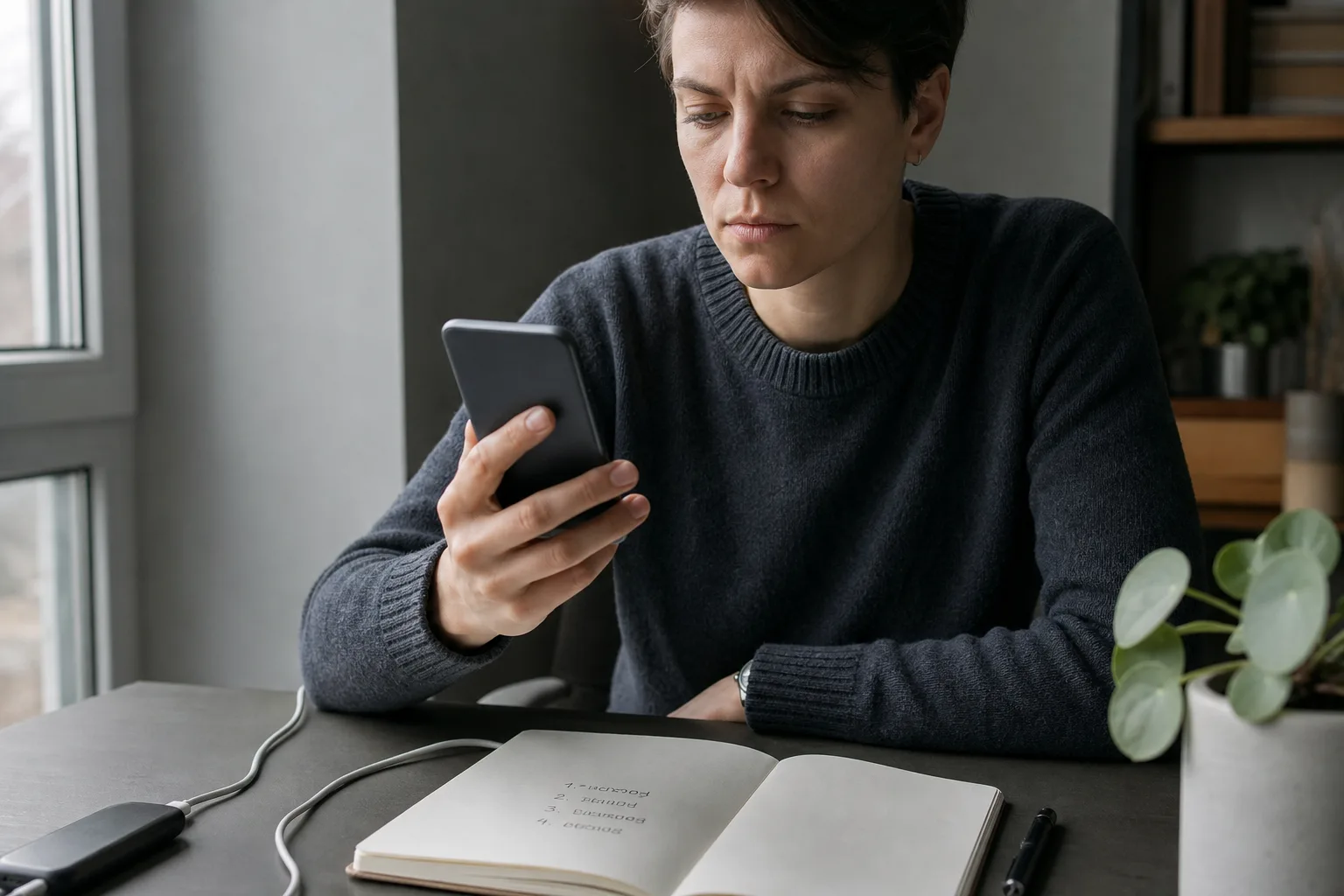 Person kontrolliert ein neutrales Smartphone neben einem Notizbuch mit einer einfachen Vier-Punkte-Liste.