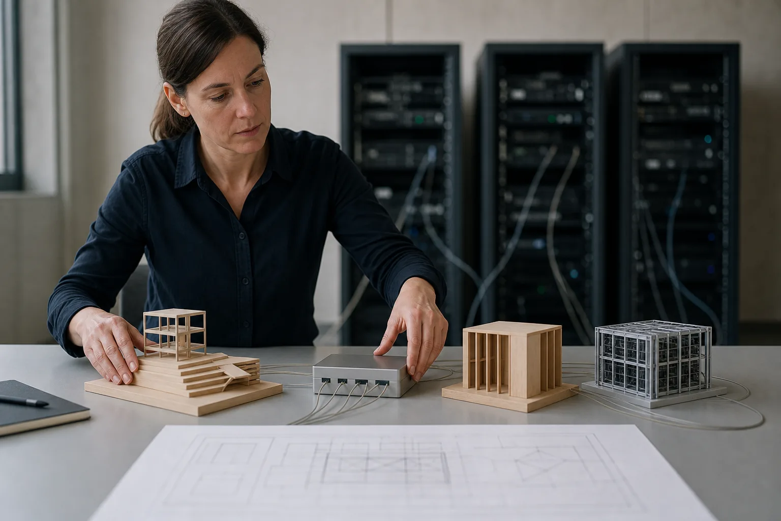 Eine Ingenieurin ordnet an einem Arbeitstisch drei unbeschriftete Architekturmodelle um einen kleinen Rechenblock; feine Kabel führen zu getrennten neutralen Servereinheiten im unscharfen Hintergrund.