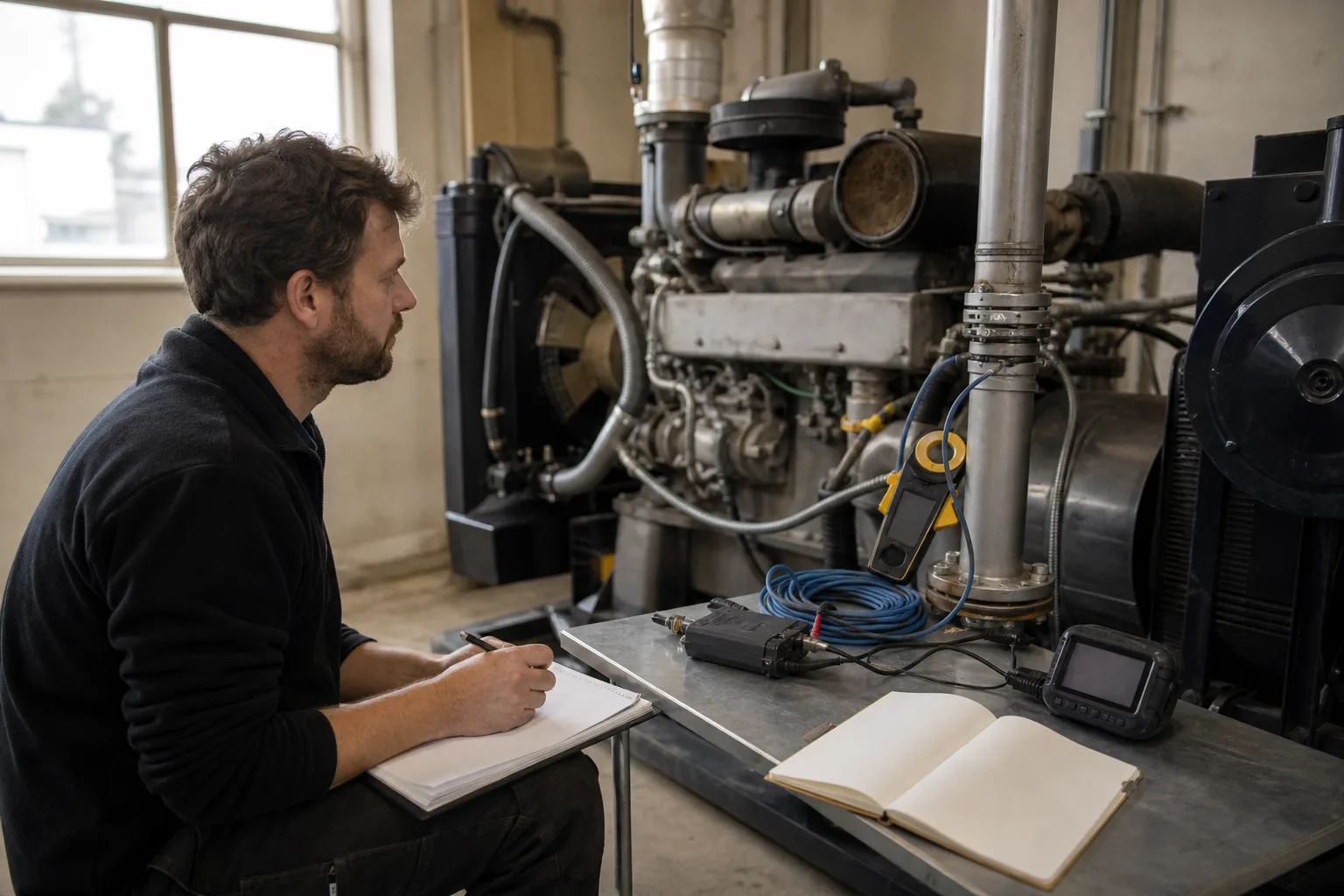 Ingenieur dokumentiert an einer unbeschrifteten Testanlage mit Sensorleitungen und leerem Protokoll offene Messfragen.