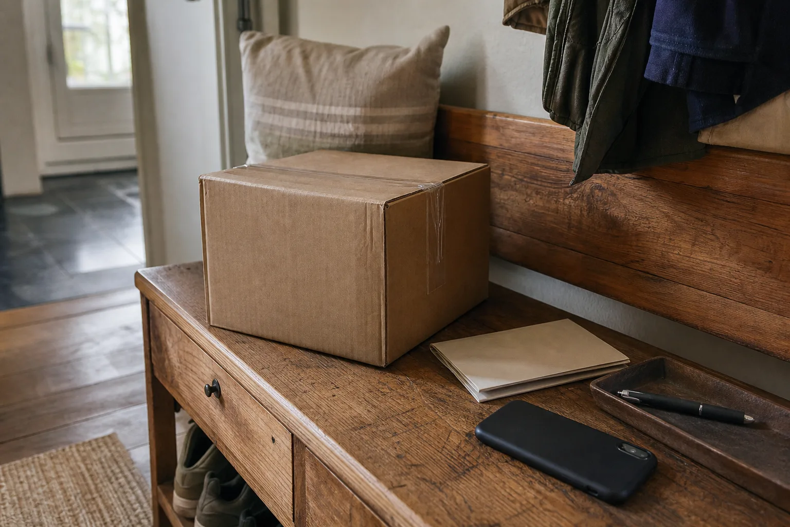 Neutrales Rücksendepaket, umgedrehtes Smartphone, gefaltetes Blatt und Stift liegen auf einer Holzbank im Flur.