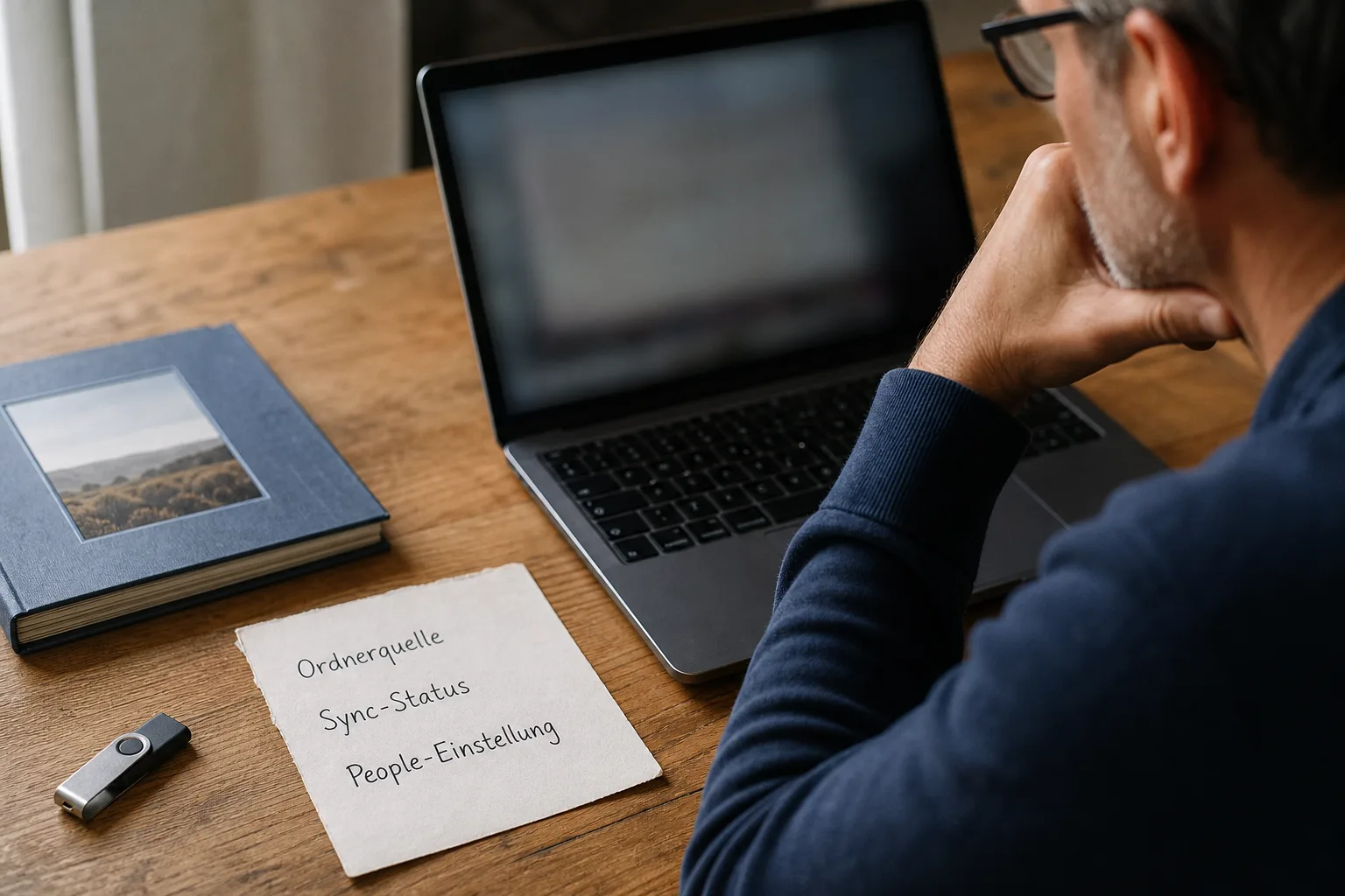 Person prüft an einem neutralen Laptop ein Blatt mit Ordnerquelle, Sync-Status und People-Einstellung.