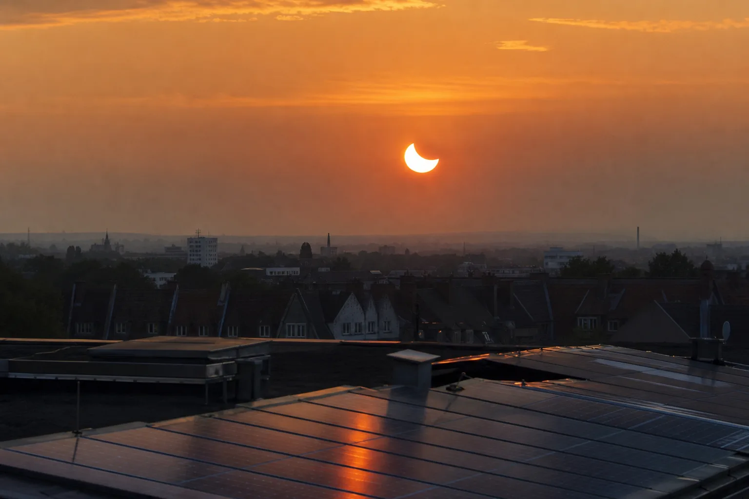 Unmarkierte Photovoltaikmodule auf deutschen Dächern bei tief stehender teilweise bedeckter Sonne am Sommerabend.