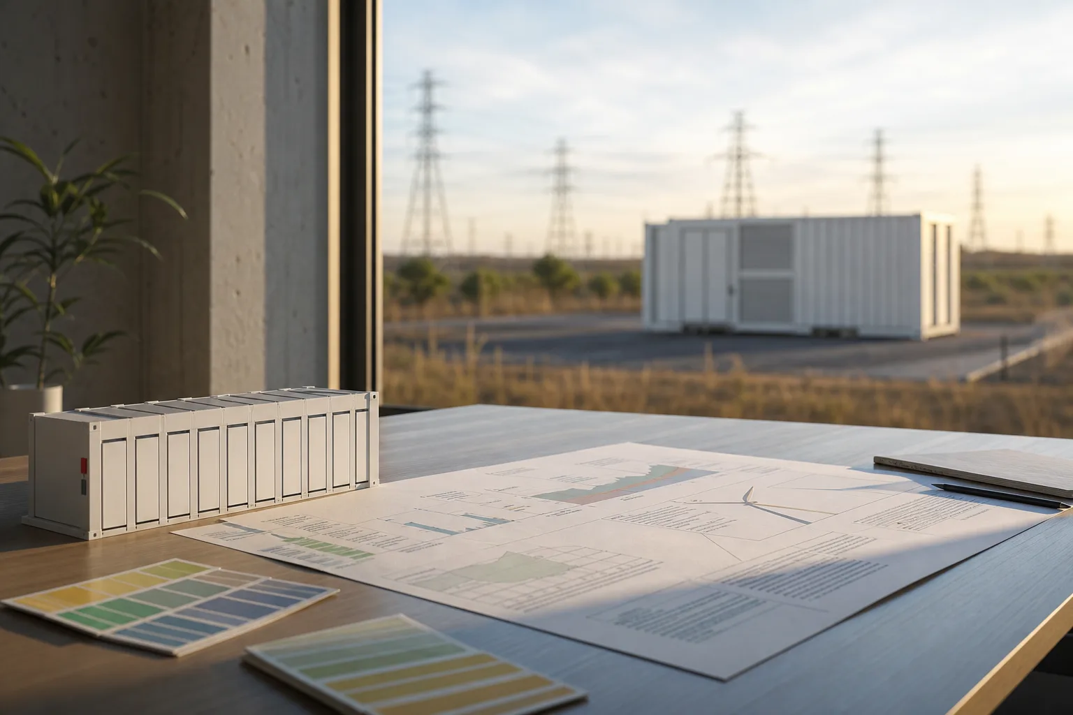 Modellarbeitsplatz vor einer unscharfen Energielandschaft mit Strommasten und einem Batteriespeichercontainer.