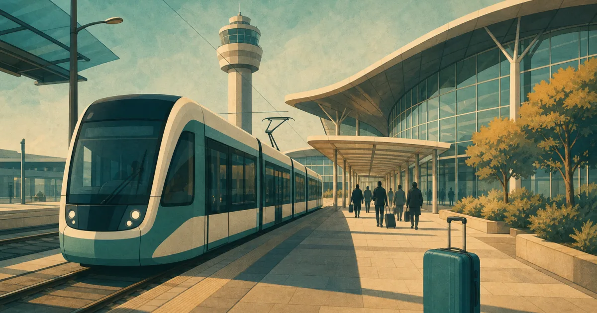 KI-Illustration einer markenlosen Stadtbahn neben einem stilisierten Flughafenterminal mit Reisekoffer im Vordergrund.