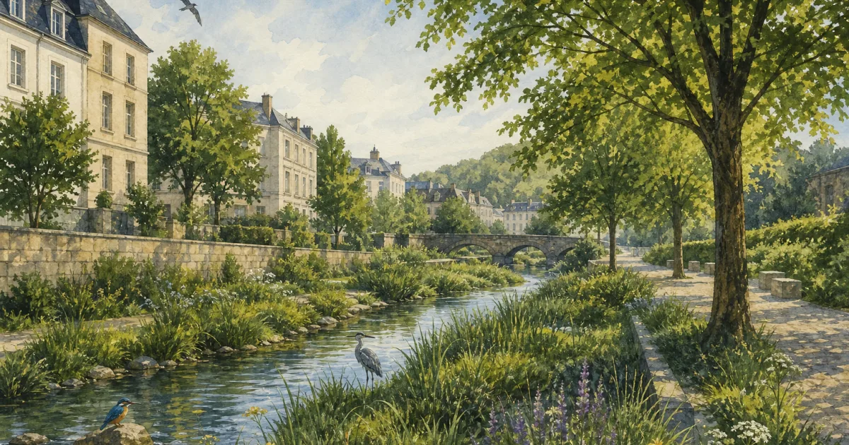 KI-Illustration einer erfundenen Stadtlandschaft mit Bäumen, begrünten Mulden und einem Wasserlauf.