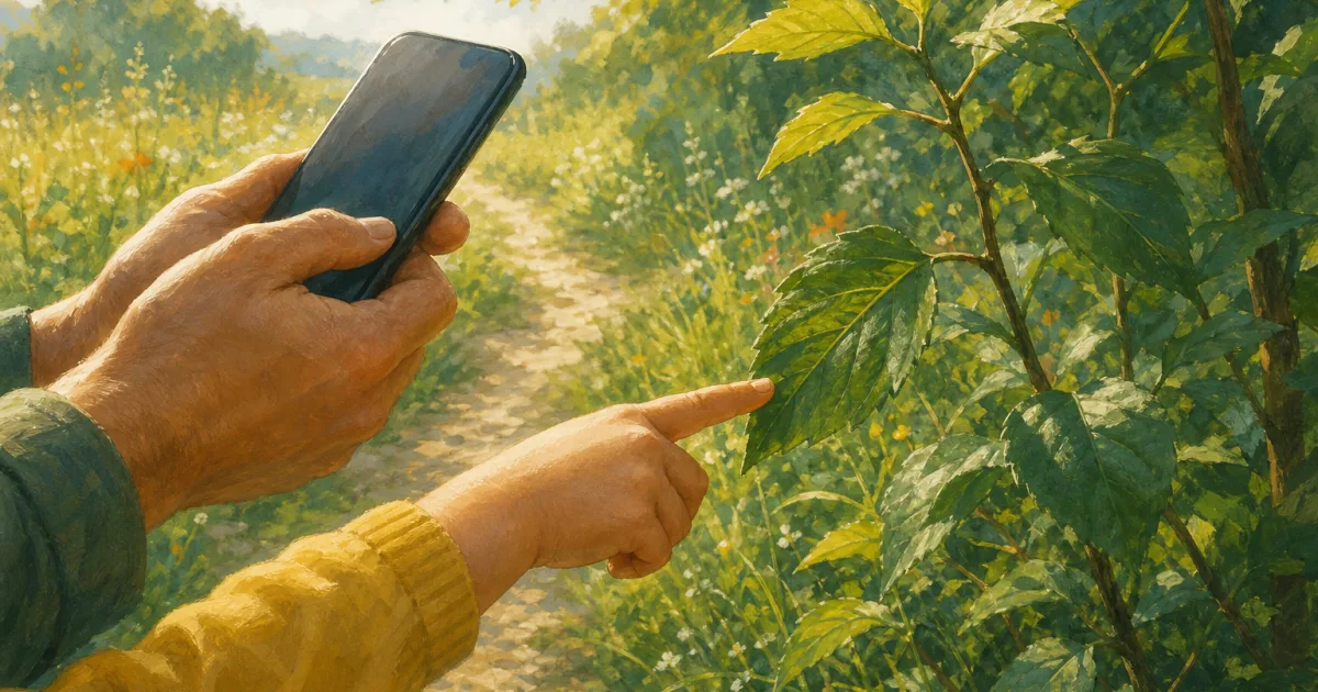 KI-Illustration: Eine Kinderhand zeigt auf ein Blatt am Wegesrand, daneben hält eine erwachsene Hand ein Smartphone.