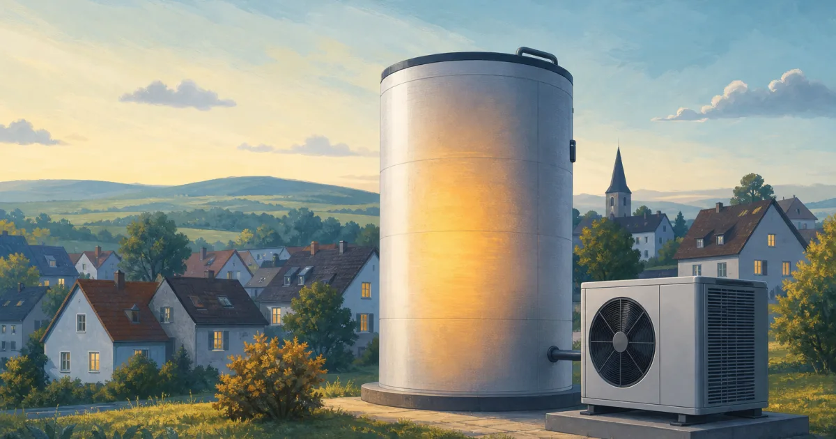 KI-Illustration eines großen zylindrischen Wärmespeichers neben einer Luftwärmepumpe und stilisierten Wohnhäusern.