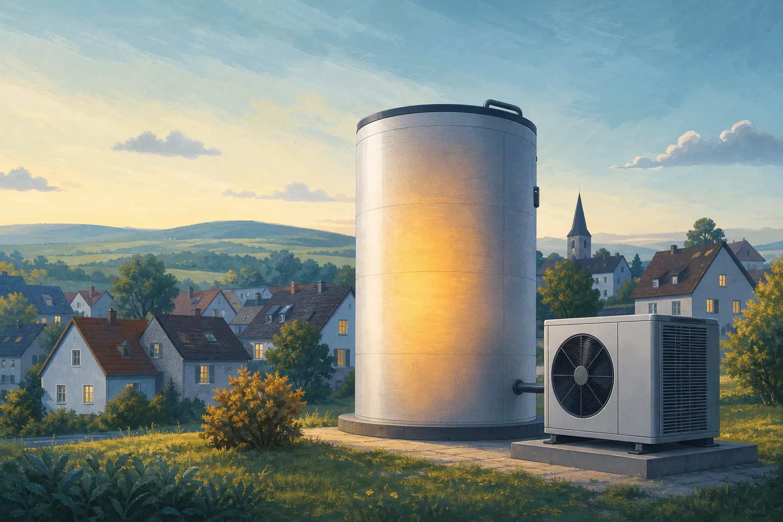 KI-Illustration eines großen zylindrischen Wärmespeichers neben einer Luftwärmepumpe und stilisierten Wohnhäusern.
