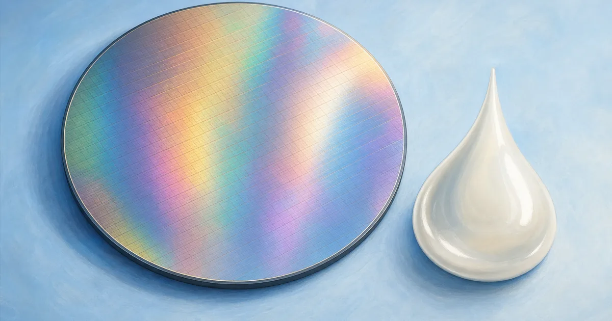 KI-Illustration eines schimmernden runden Wafers neben einem stilisierten milchigen Flüssigkeitstropfen.