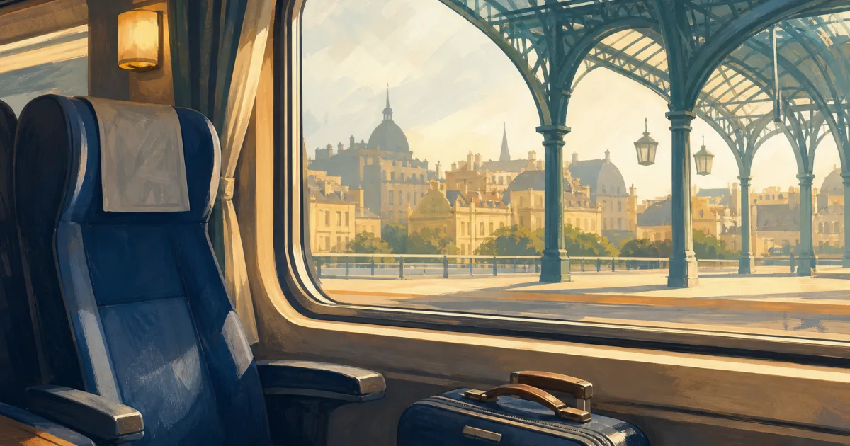 KI-Illustration eines Fenstersitzes in einem Fernzug mit Reisekoffer und stilisiertem Bahnhof vor dem Fenster.